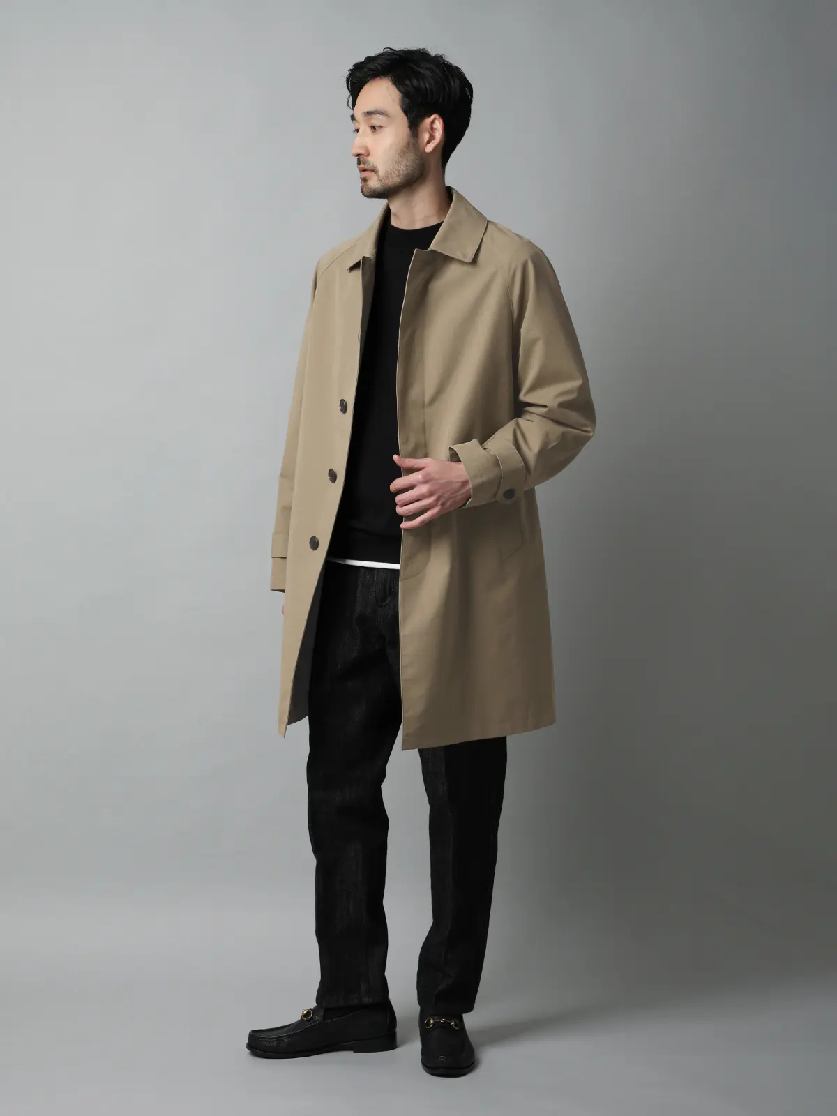 ステンカラーコート/コットンシャンブレー/ピーチスキン/無地 ベージュ S