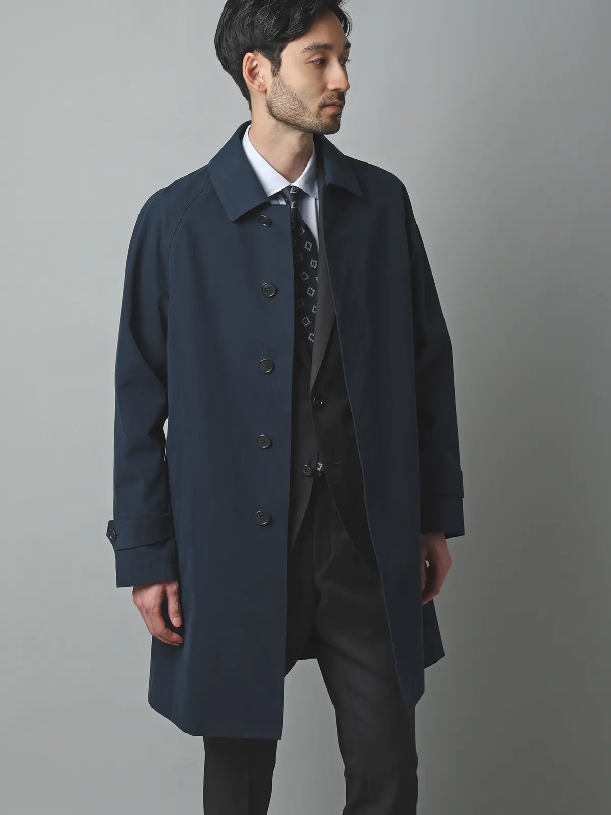 ステンカラーコート／コットンシャンブレー／ピーチスキン／無地 ネイビー S