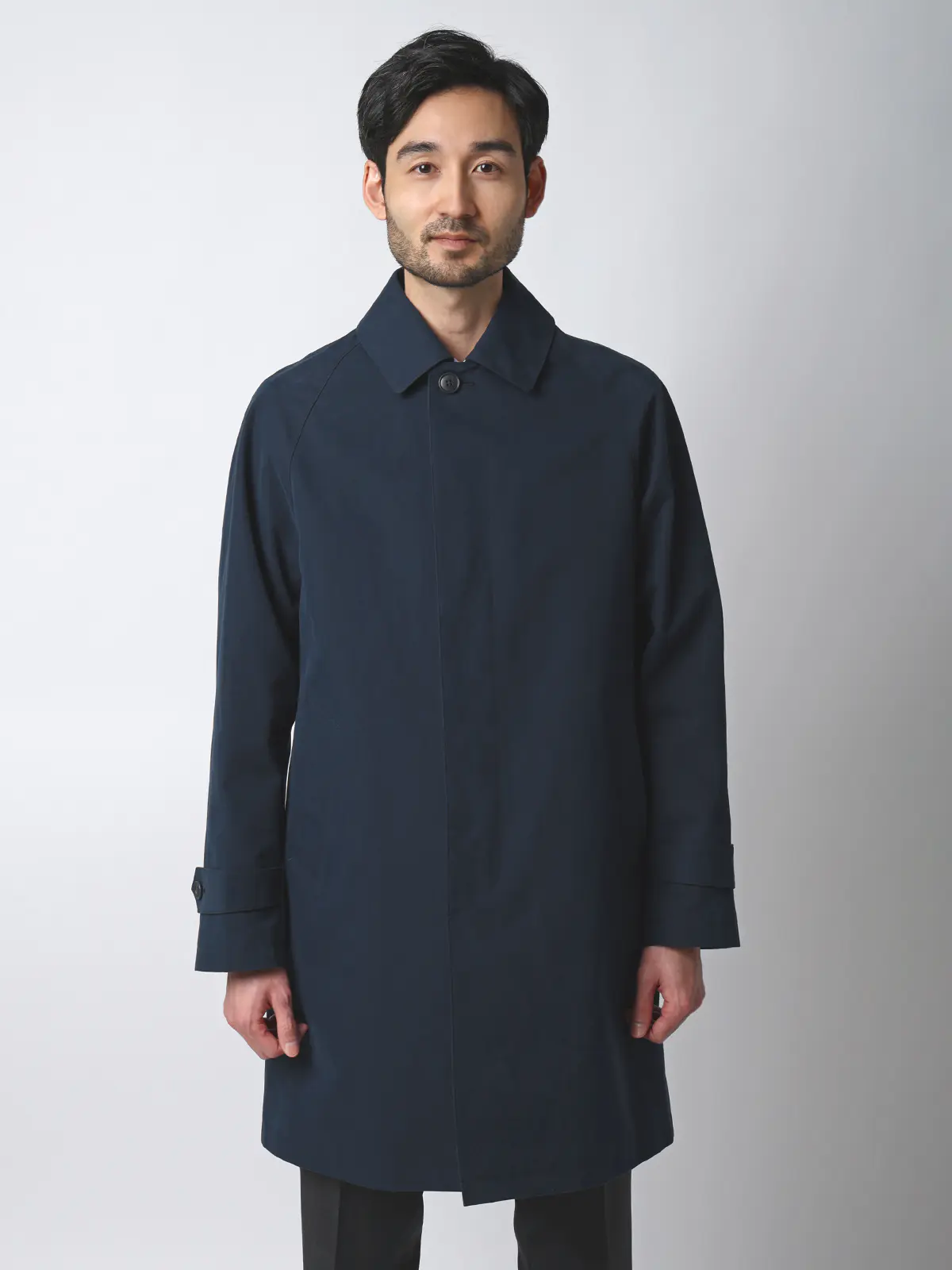 ステンカラーコート／コットンシャンブレー／ピーチスキン／無地 ネイビー S