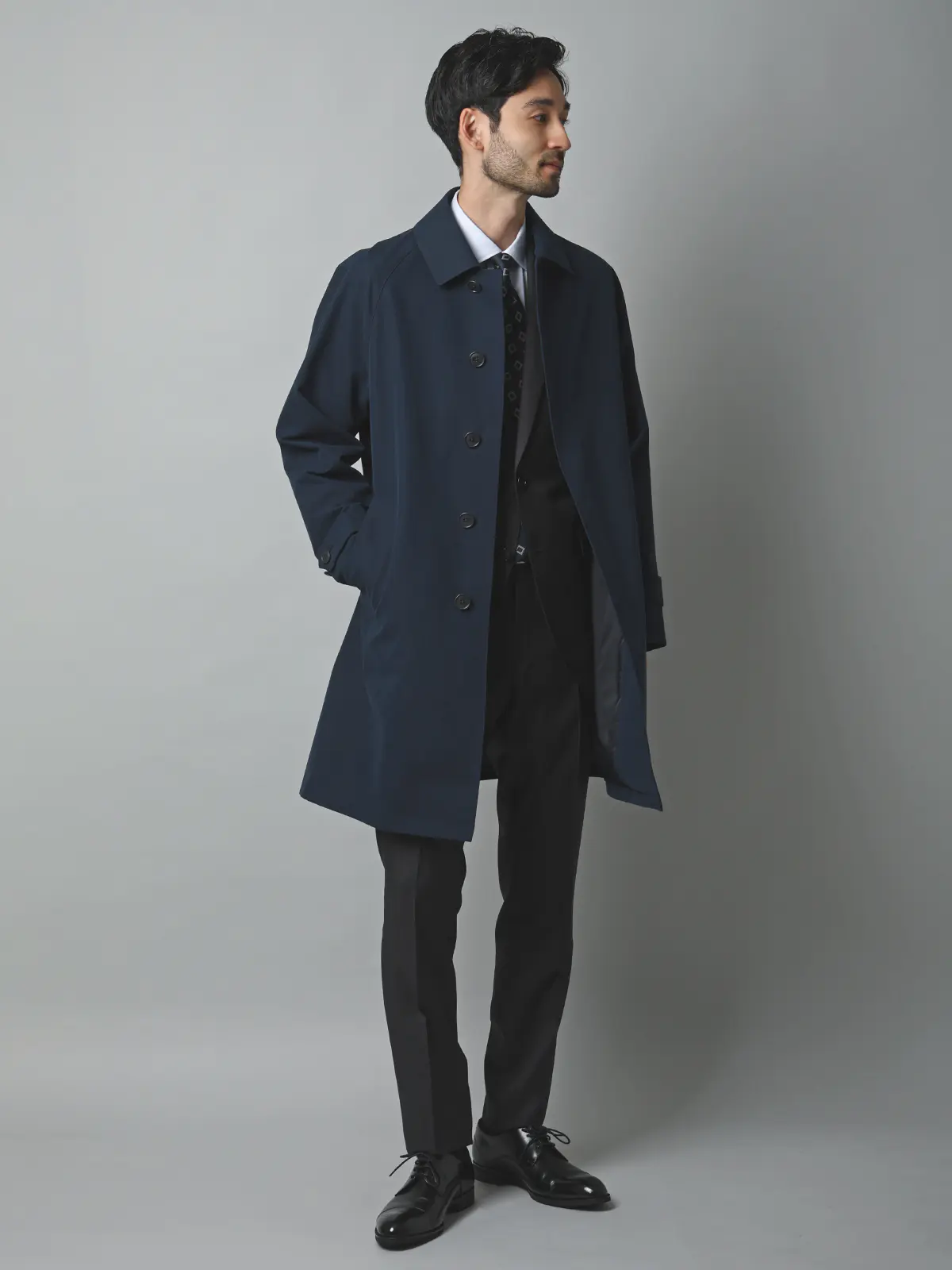 ステンカラーコート／コットンシャンブレー／ピーチスキン／無地 ネイビー S