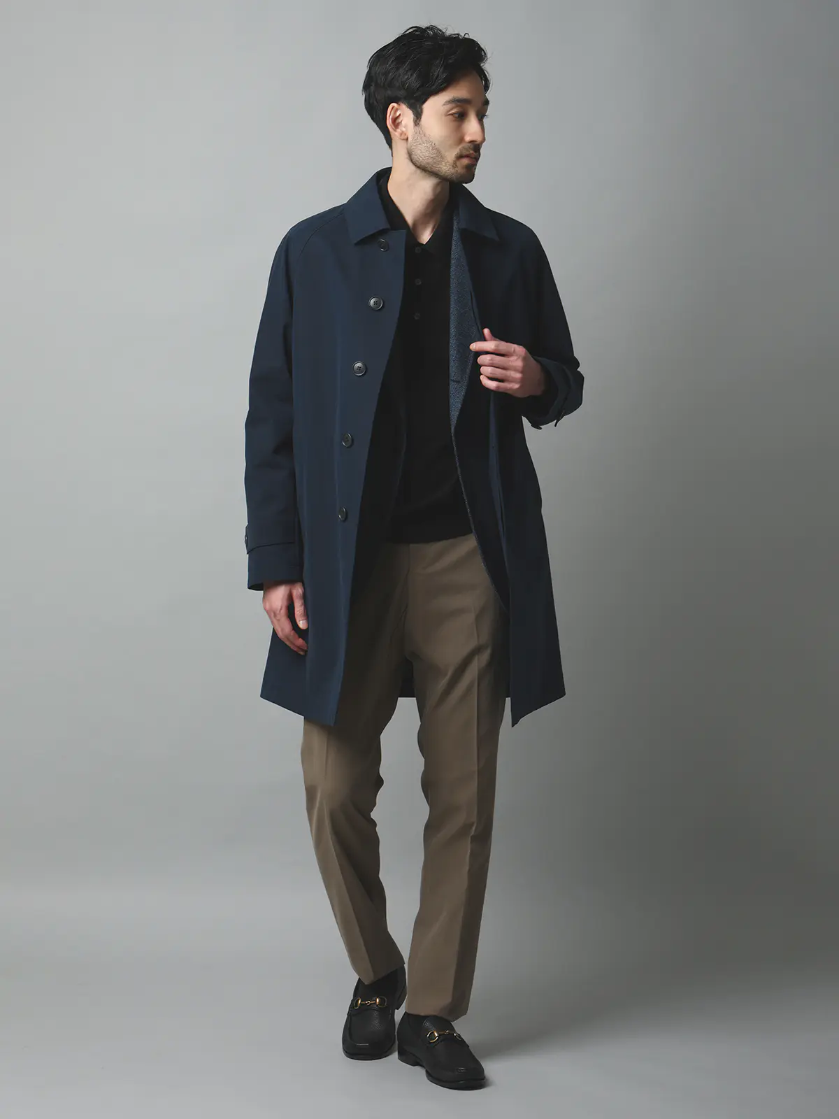 ステンカラーコート／コットンシャンブレー／ピーチスキン／無地 ネイビー S