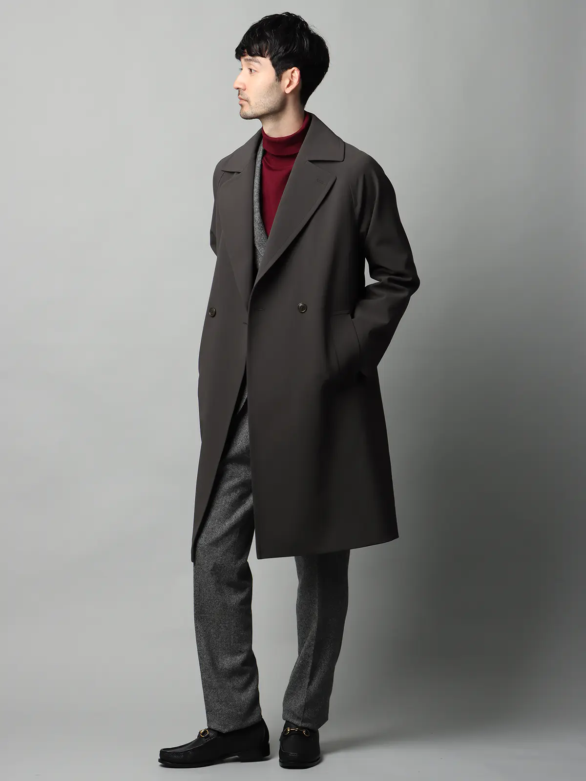 ダブルブレストステンカラーコート／ストレッチ／防シワ／UVカット／ベルト付き ブラウン S