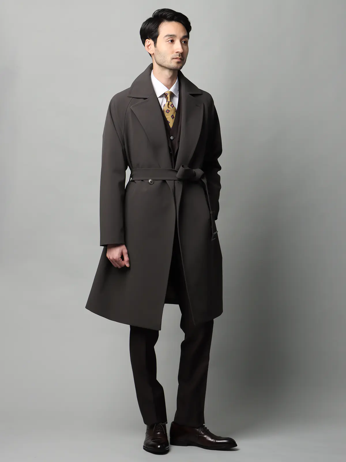 ダブルブレストステンカラーコート／ストレッチ／防シワ／UVカット／ベルト付き ブラウン S