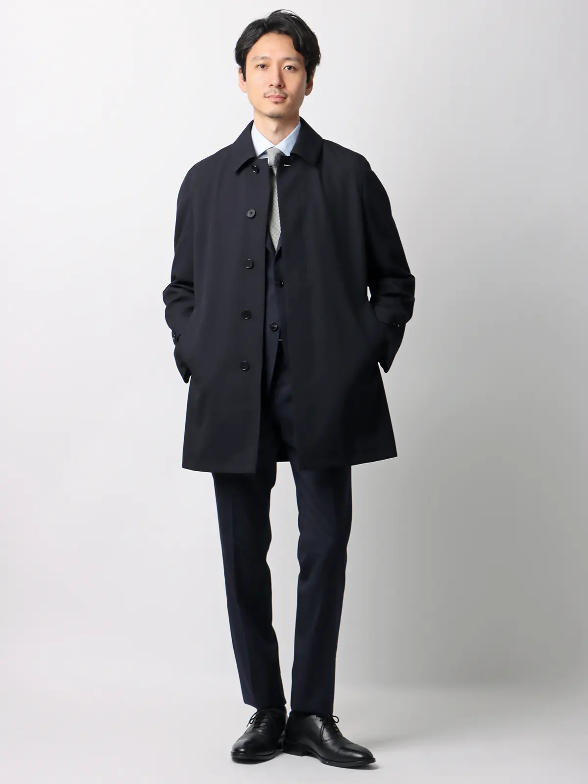 最高コート/ステンカラーコート/防風/透湿/防シワ/ウールライクポリエステル/COMMUTECH ネイビー S