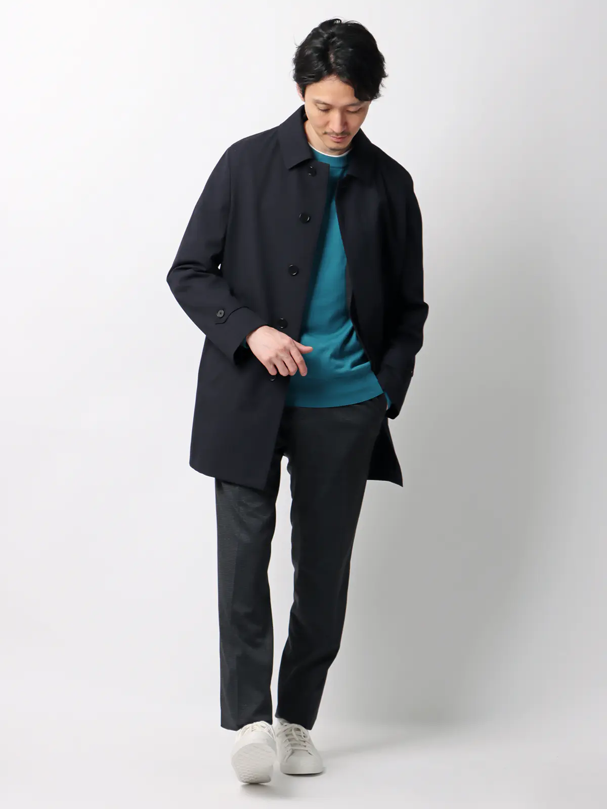 最高コート/ステンカラーコート/防風/透湿/防シワ/ウールライクポリエステル/COMMUTECH ネイビー S