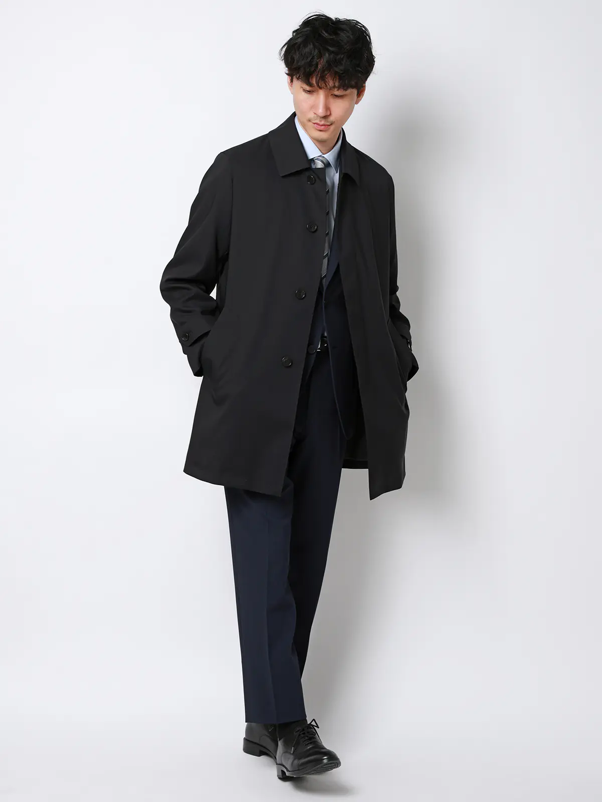 ステンカラーコート／ダントツ撥水／軽量／ウールライクポリエステル／無地／ライナー付き ブラック SS