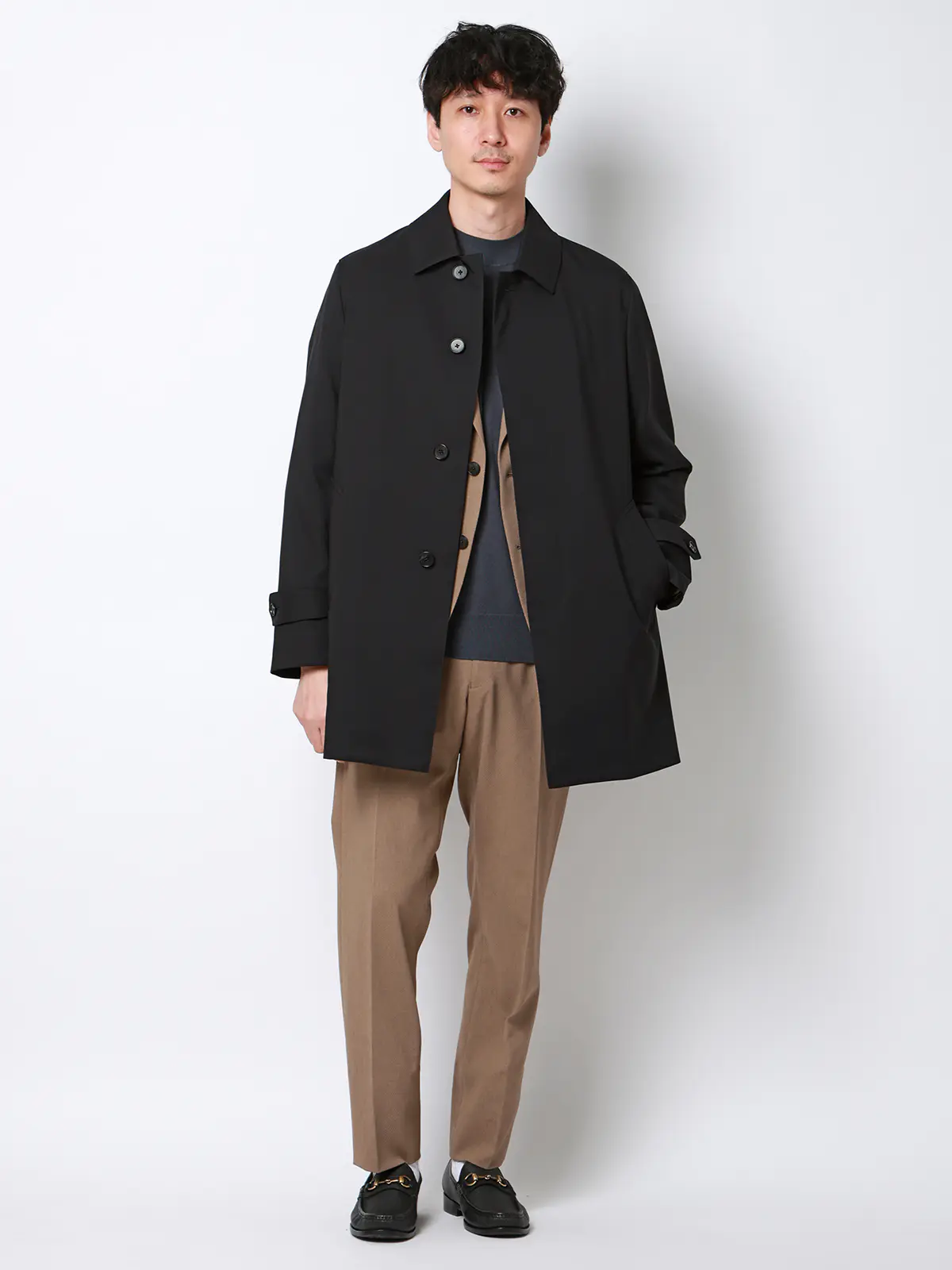 ステンカラーコート／ダントツ撥水／軽量／ウールライクポリエステル／無地／ライナー付き ブラック SS