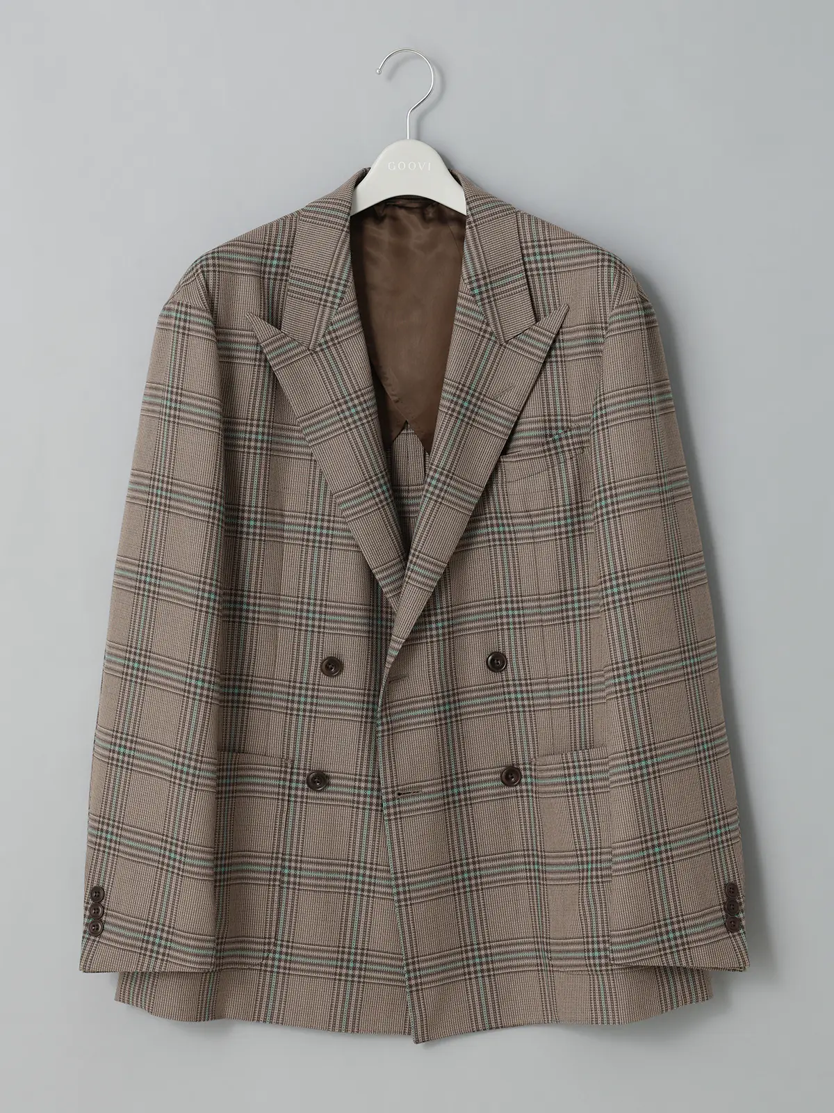 GOOVI／ダブルブレストジャケット／SUPER100'sウール×シルク／カラープレイド ベージュ 0
