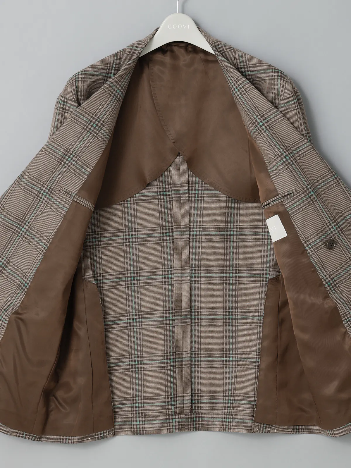 GOOVI／ダブルブレストジャケット／SUPER100'sウール×シルク／カラープレイド ベージュ 0