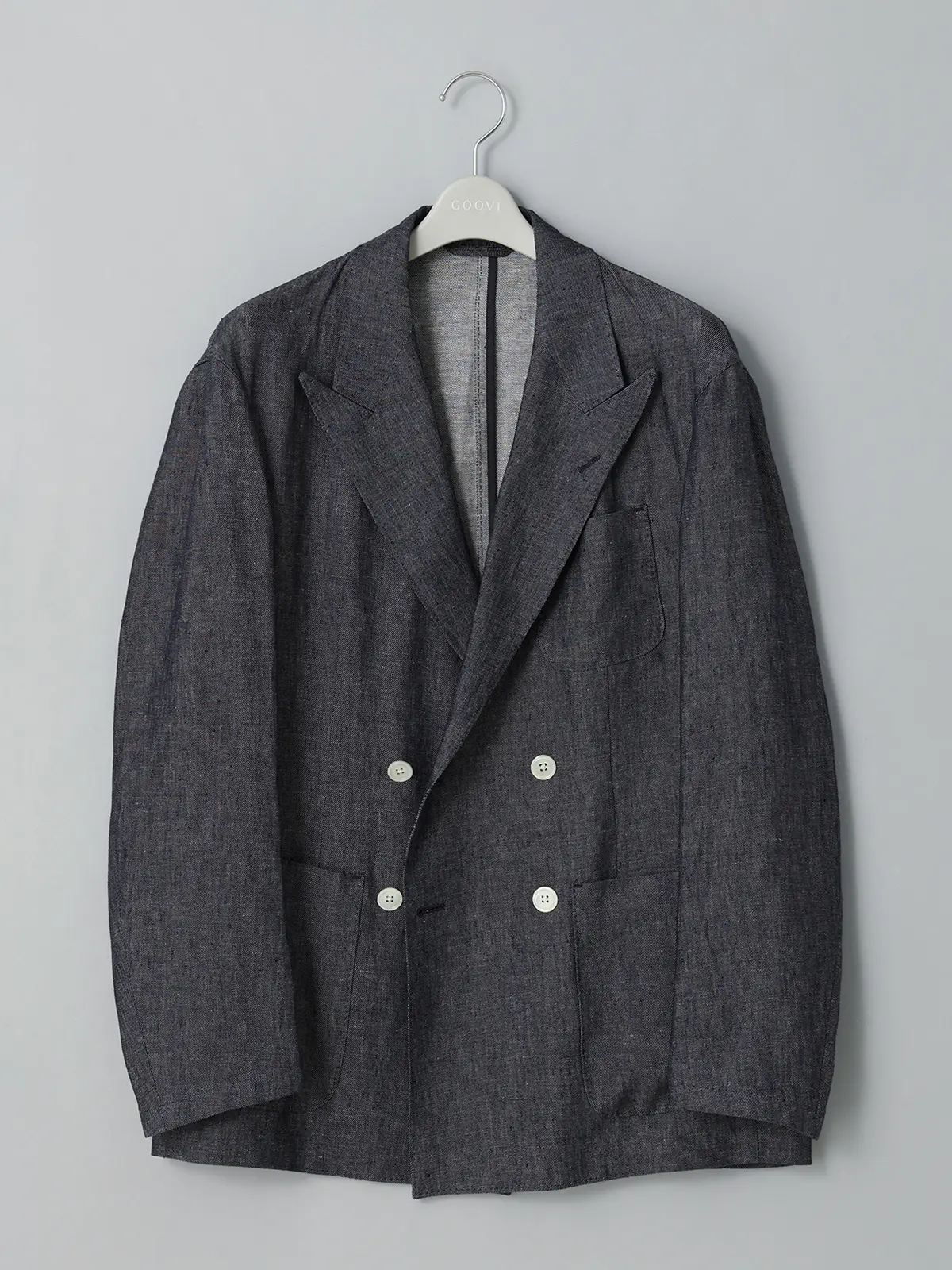 GOOVI／ダブルブレストジャケット／リネンデニム／無地 ネイビー 0