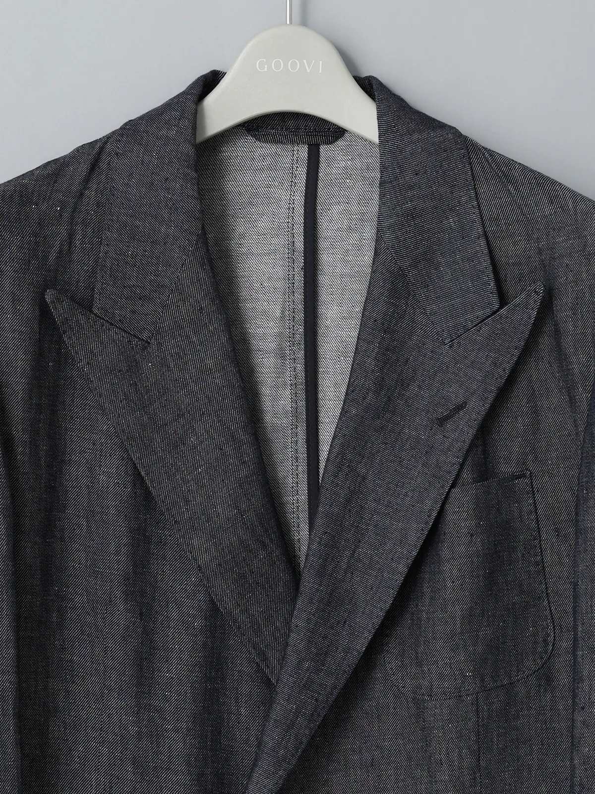 GOOVI／ダブルブレストジャケット／リネンデニム／無地 ネイビー 0