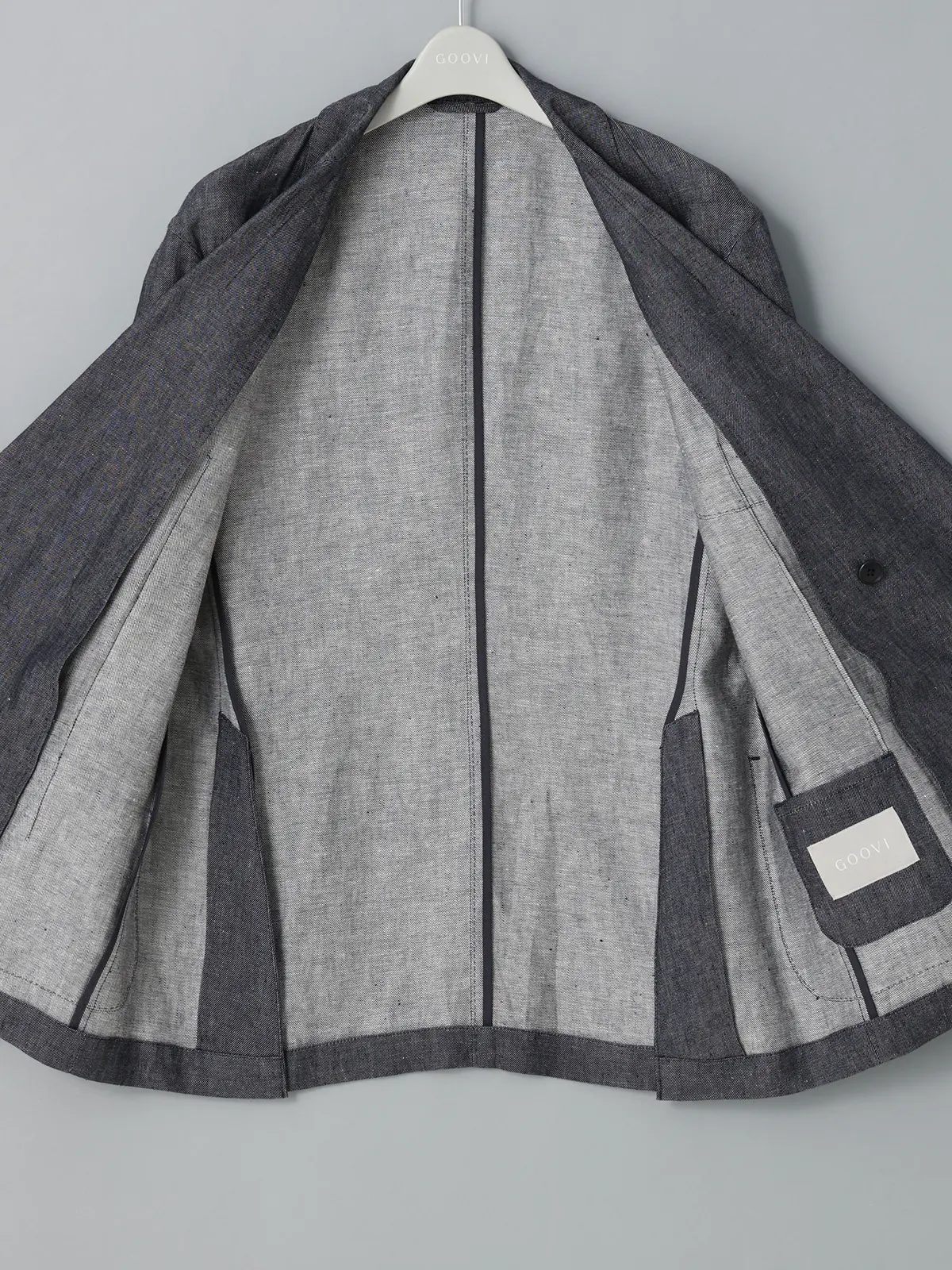 GOOVI／ダブルブレストジャケット／リネンデニム／無地 ネイビー 0