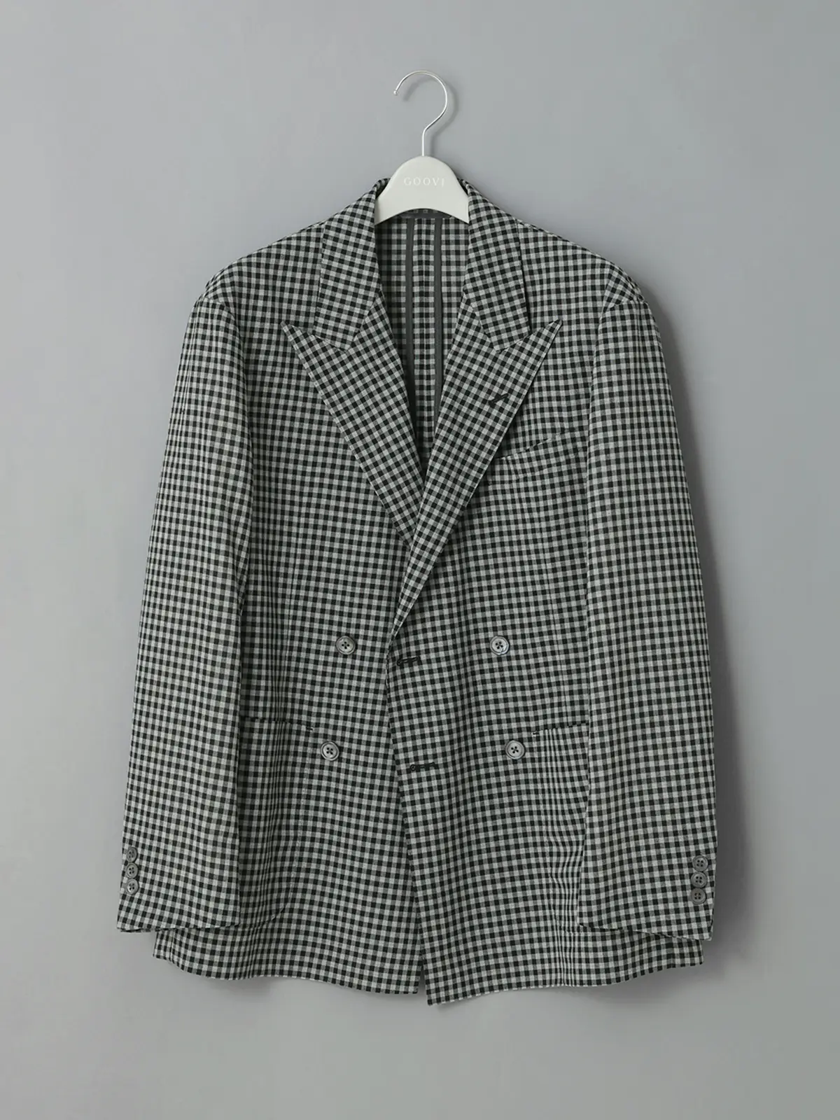 GOOVI／ダブルブレストジャケット／ポリエステルリネン／ギンガムチェック グレー 0