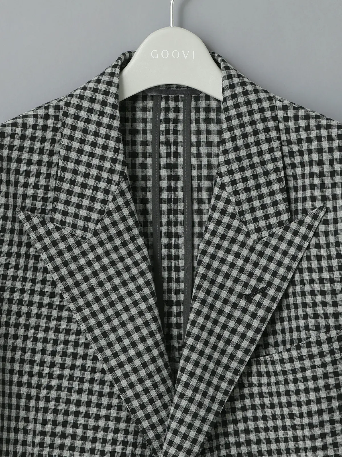 GOOVI／ダブルブレストジャケット／ポリエステルリネン／ギンガムチェック グレー 0