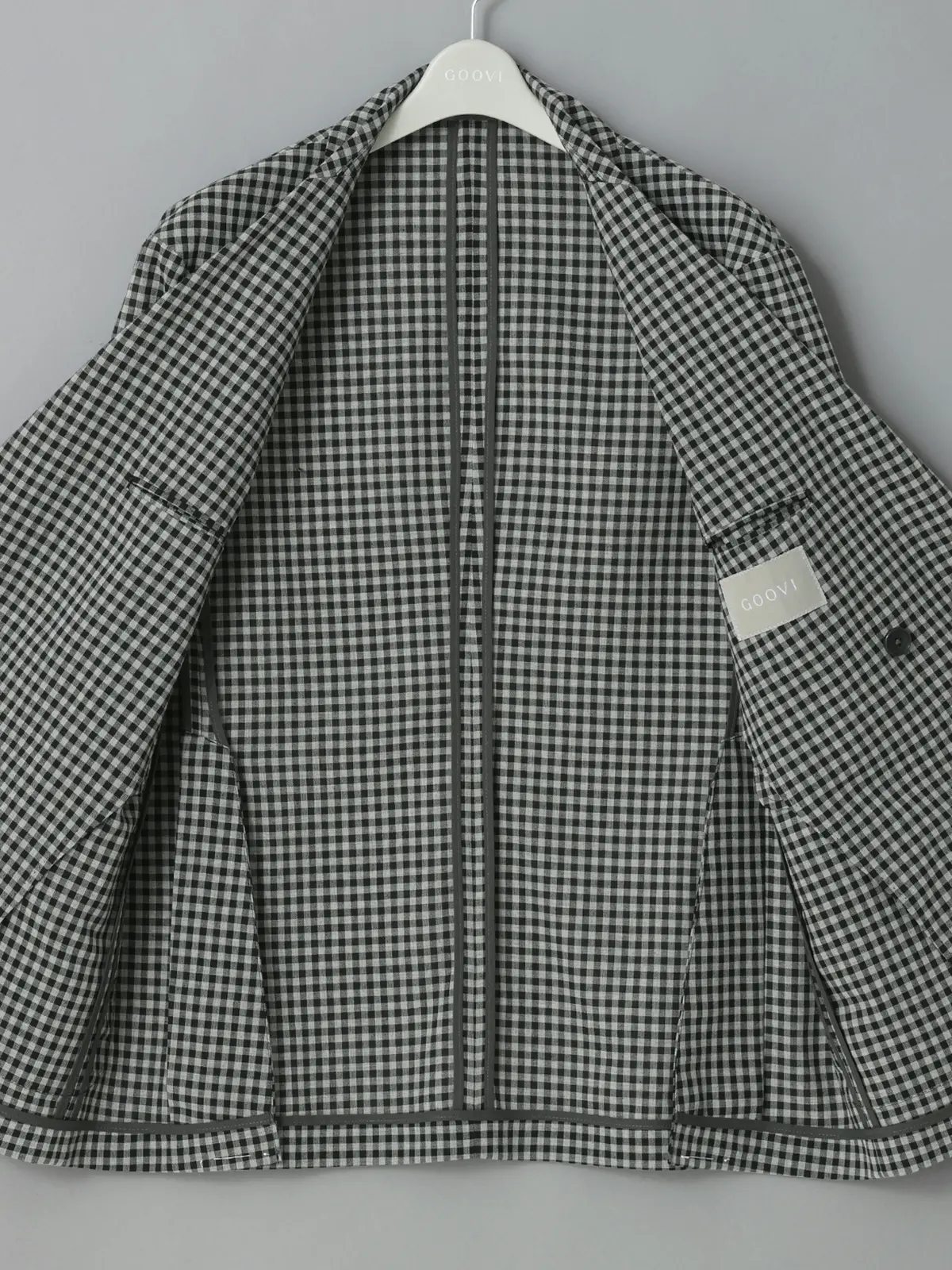 GOOVI／ダブルブレストジャケット／ポリエステルリネン／ギンガムチェック グレー 0