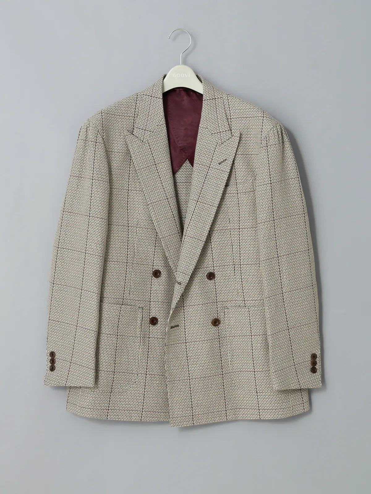 GOOVI／ダブルブレストジャケット／コットンリネン和紙ブレンド／カラープレイド ベージュ 1