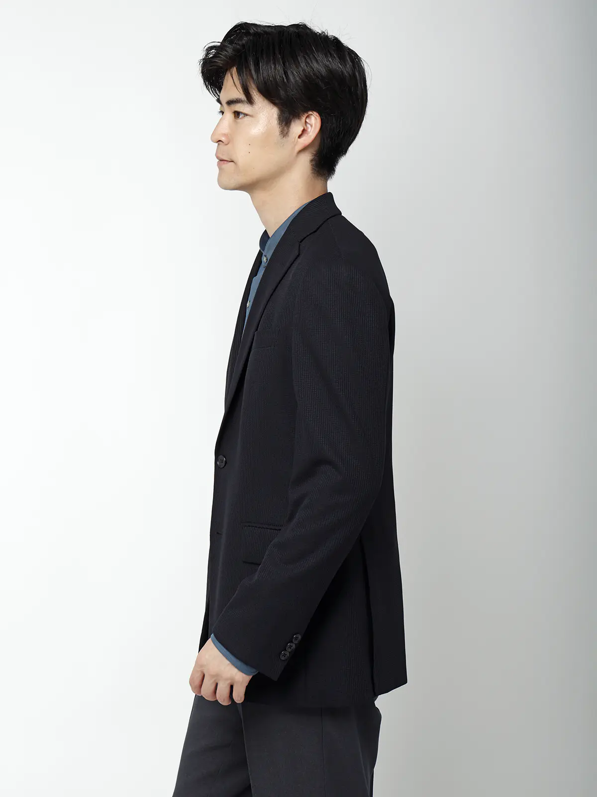 "超"伸びる最高ニットジャケット／ウォッシャブル／ストレッチ／ポリエステルワッフル／織柄／CH28 ネイビー S