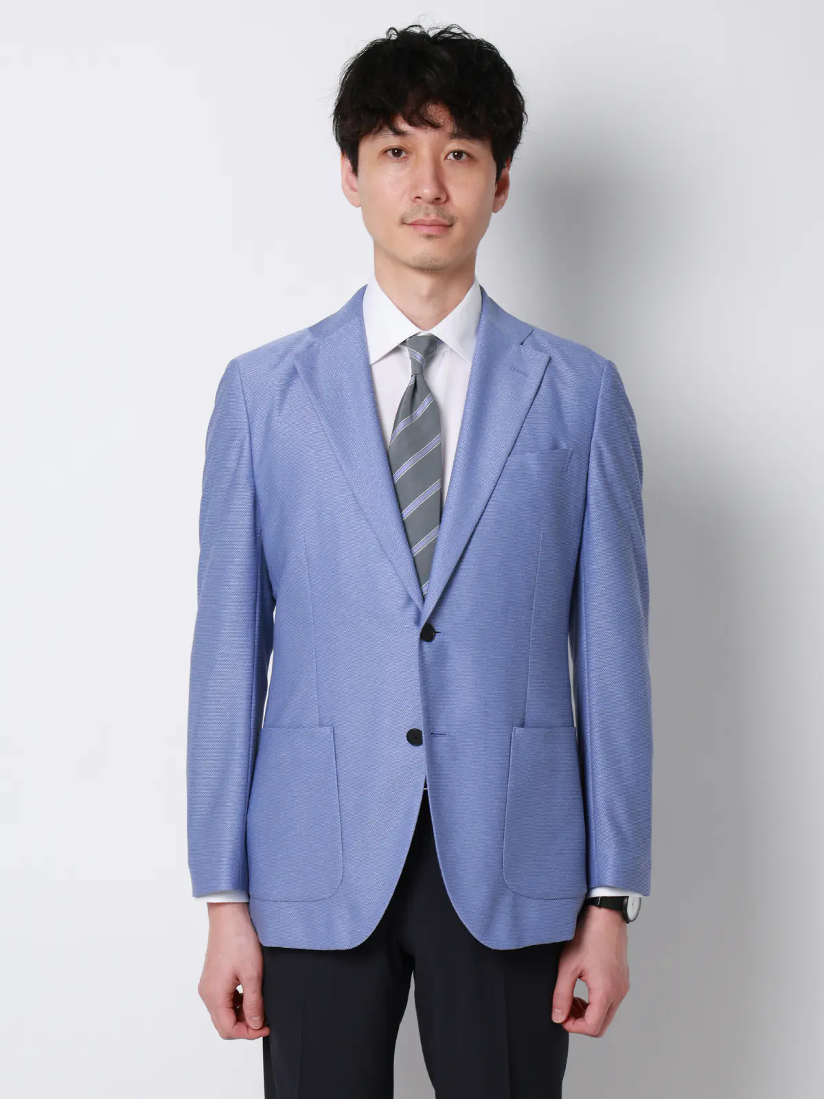 涼しい最高ニットジャケット／ウォッシャブル／ストレッチ／メッシュジャージー／織柄／CH28 ブルー SS