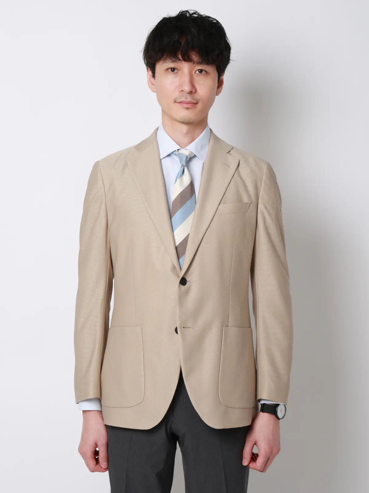 涼しい最高ニットジャケット／ウォッシャブル／ストレッチ／メッシュジャージー／織柄／CH28 ベージュ SS