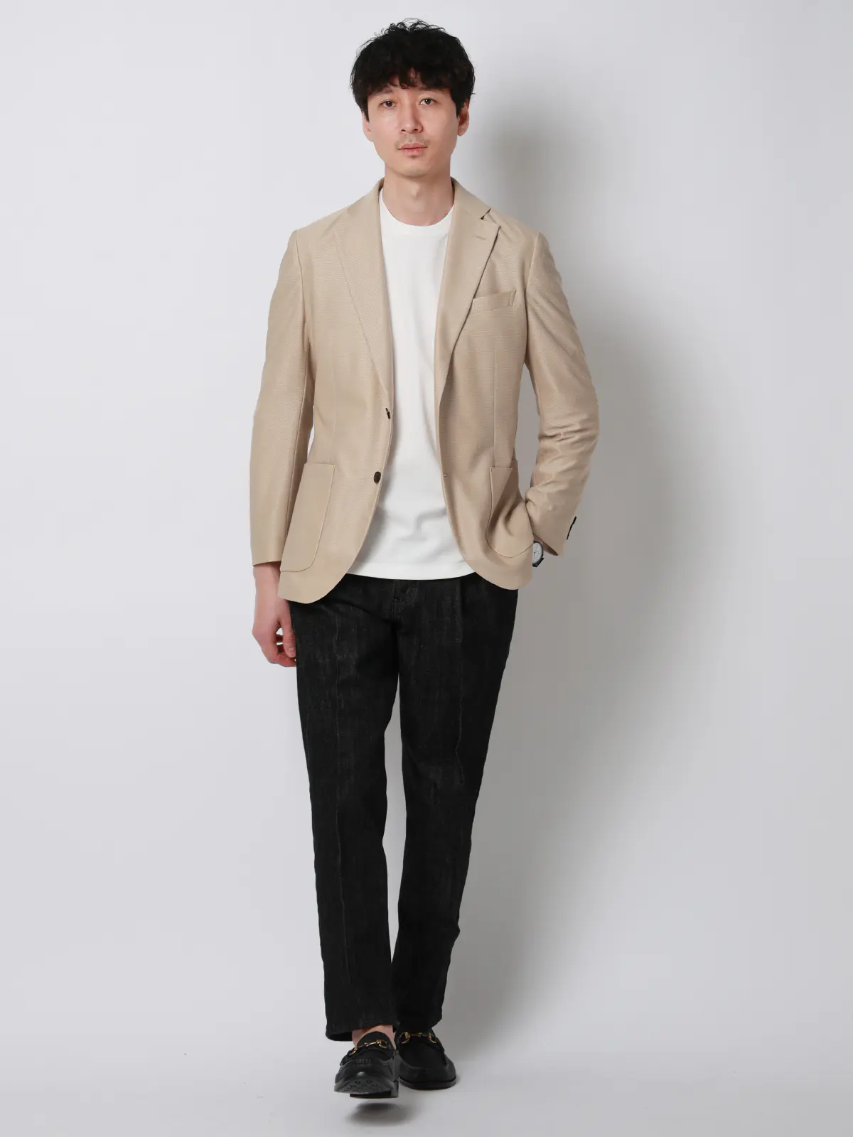 涼しい最高ニットジャケット／ウォッシャブル／ストレッチ／メッシュジャージー／織柄／CH28 ベージュ SS