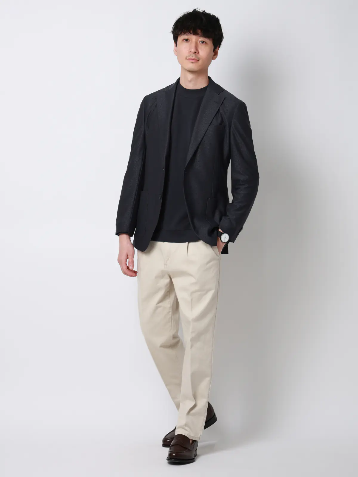 涼しい最高ニットジャケット／ウォッシャブル／ストレッチ／メッシュジャージー／織柄／CH28 ネイビー S