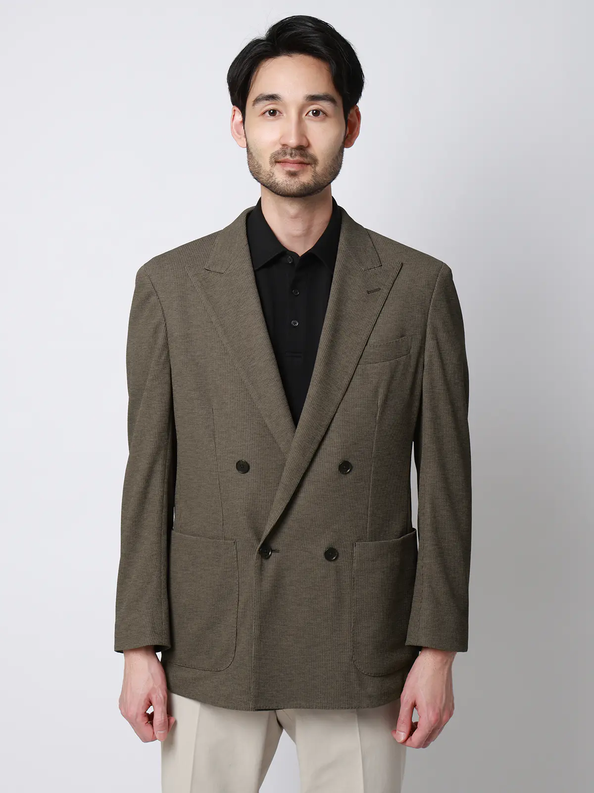 ダブルブレストジャケット／ウォッシャブル／ストレッチ／吸水速乾／RIRANCHA／織柄／CR05 ブラウン S