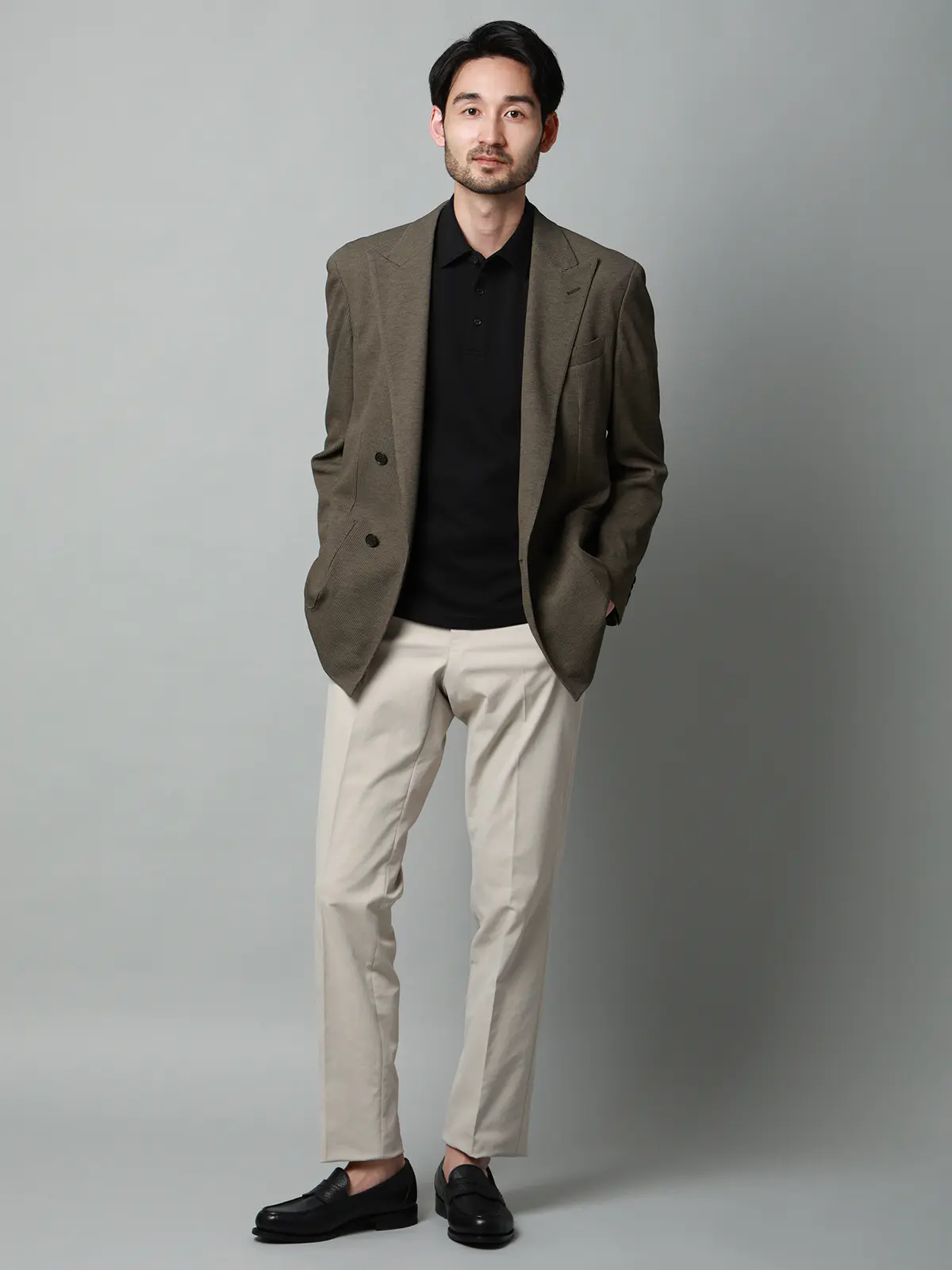 ダブルブレストジャケット／ウォッシャブル／ストレッチ／吸水速乾／RIRANCHA／織柄／CR05 ブラウン S