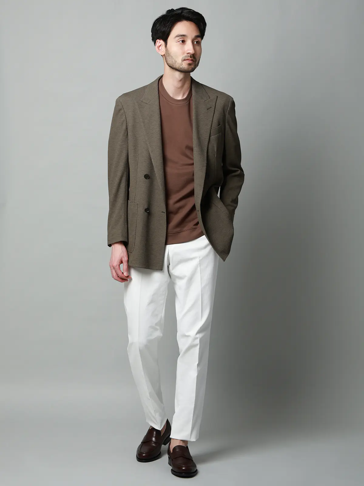 ダブルブレストジャケット／ウォッシャブル／ストレッチ／吸水速乾／RIRANCHA／織柄／CR05 ブラウン S