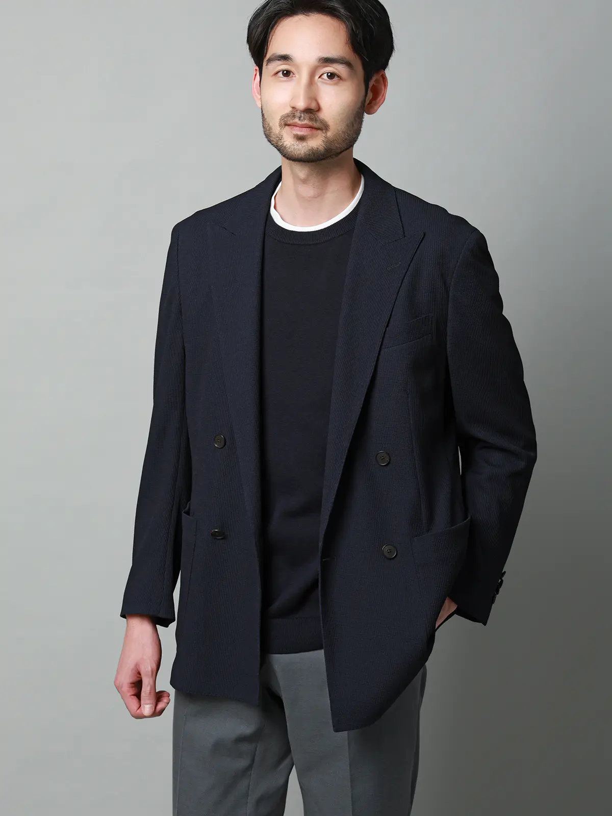 ダブルブレストジャケット/ウォッシャブル/ストレッチ/吸水速乾/RIRANCHA/織柄/CR05 ネイビー S