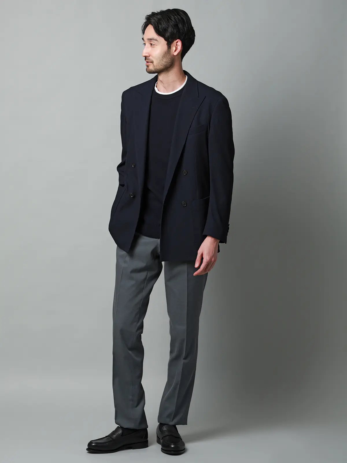 ダブルブレストジャケット/ウォッシャブル/ストレッチ/吸水速乾/RIRANCHA/織柄/CR05 ネイビー S