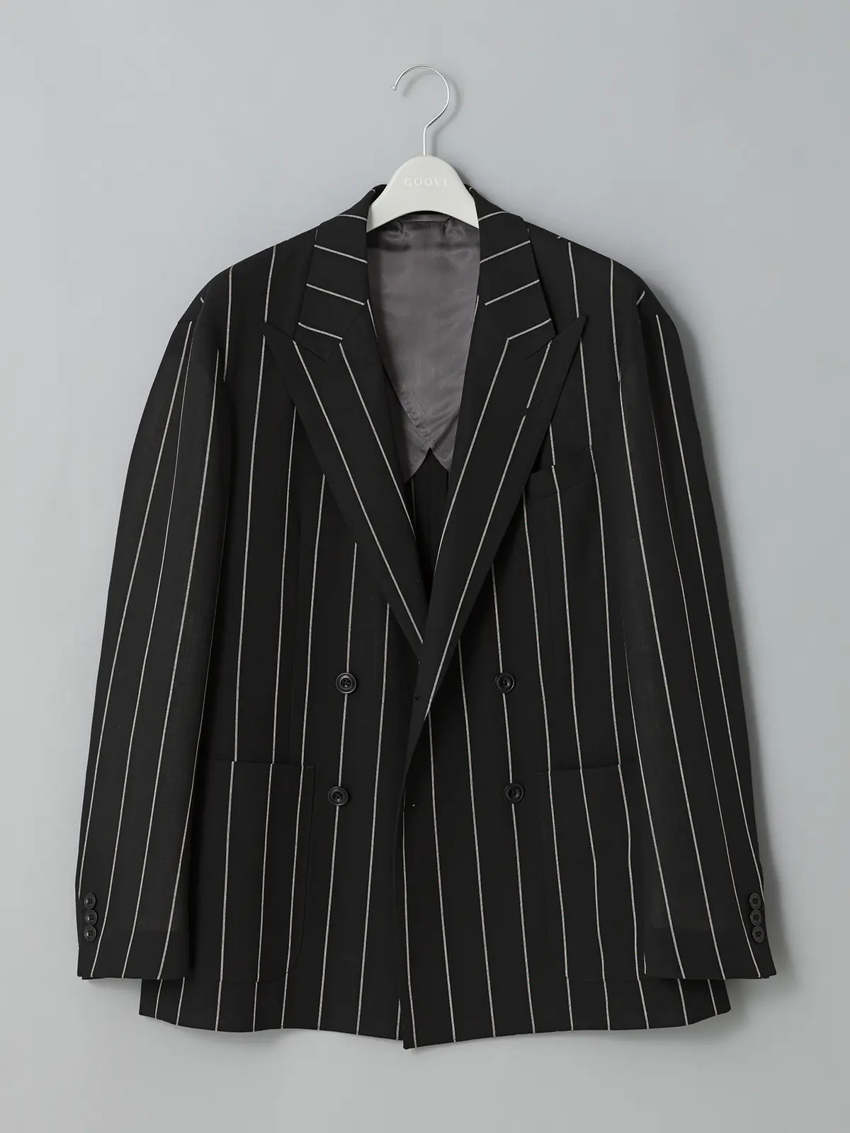 GOOVI／ダブルブレストジャケット／シェットランドウールブレンド／ワイドストライプ ブラック 0
