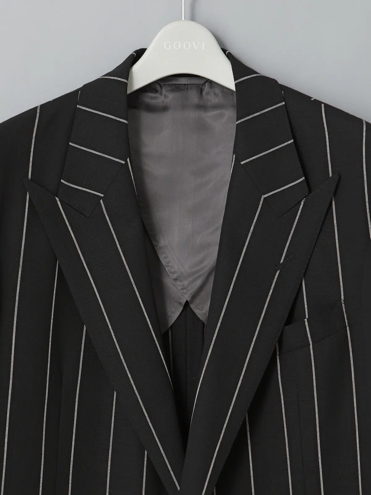 GOOVI／ダブルブレストジャケット／シェットランドウールブレンド／ワイドストライプ ブラック 0