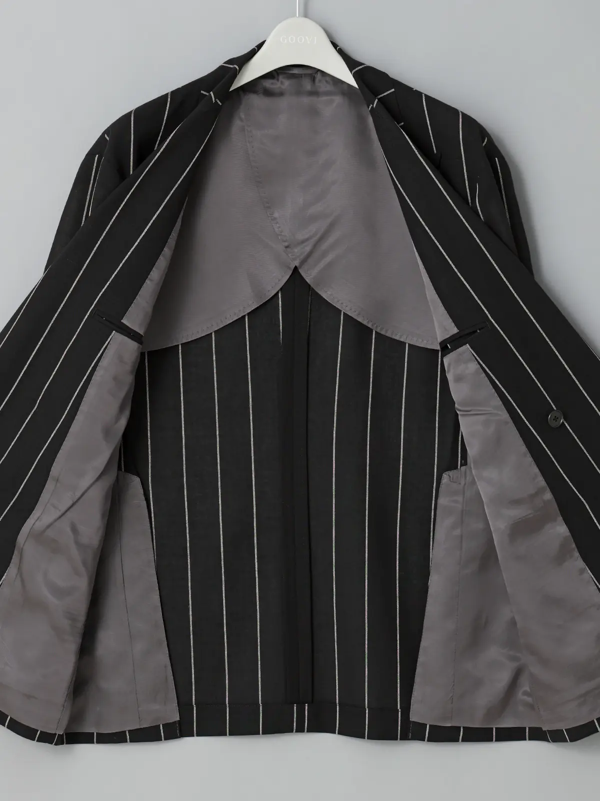 GOOVI／ダブルブレストジャケット／シェットランドウールブレンド／ワイドストライプ ブラック 0