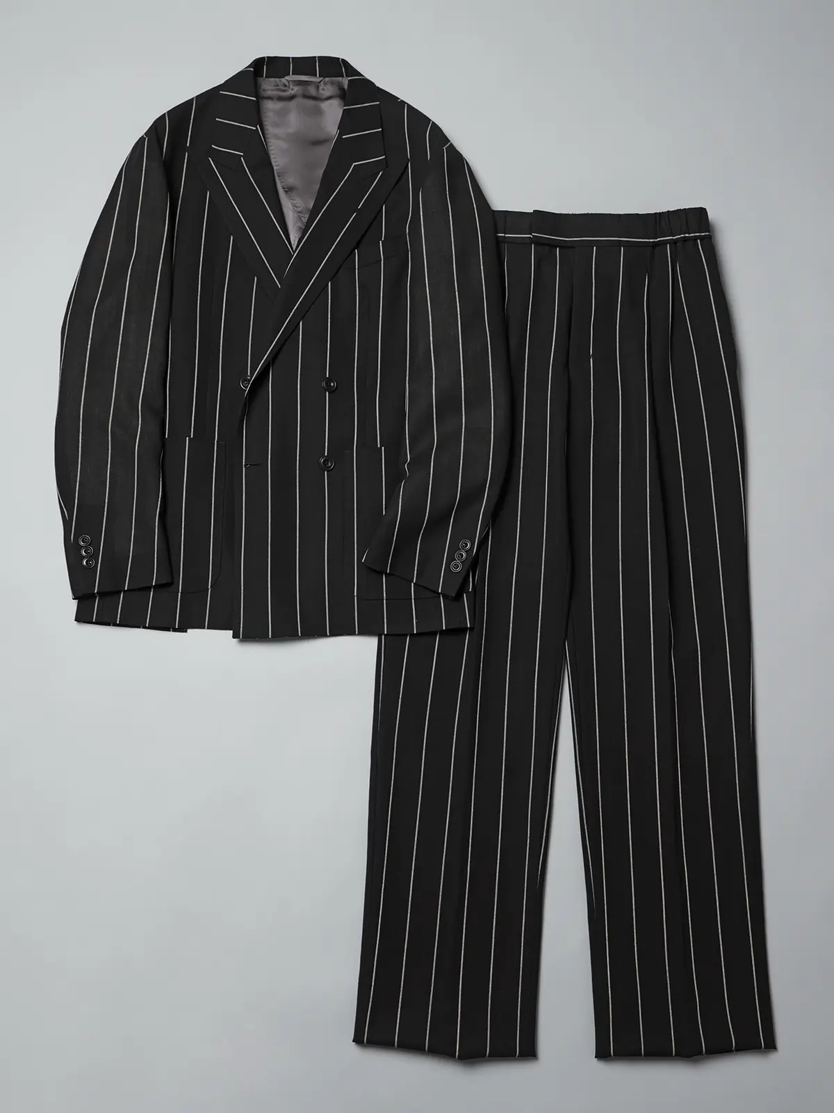 GOOVI／ダブルブレストジャケット／シェットランドウールブレンド／ワイドストライプ ブラック 0