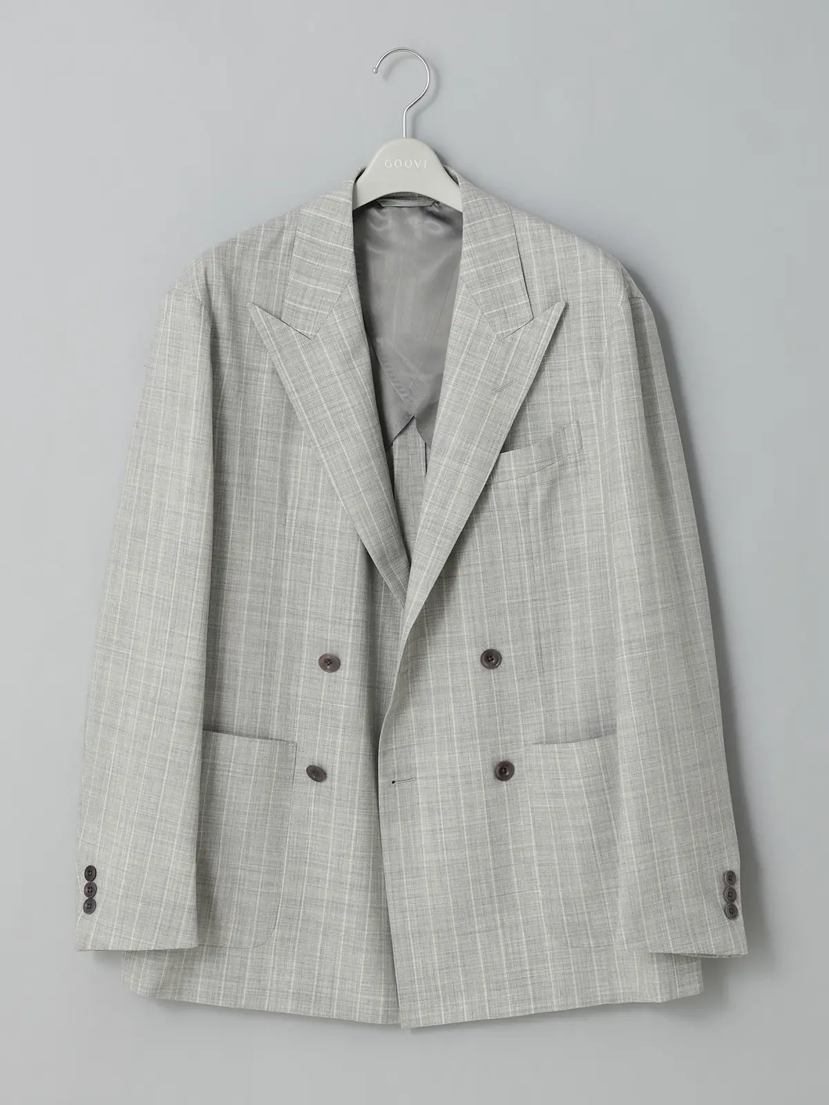 GOOVI／ダブルブレストジャケット／SUPER100'sウールトロピカル／ワイドストライプ ライトグレー 0