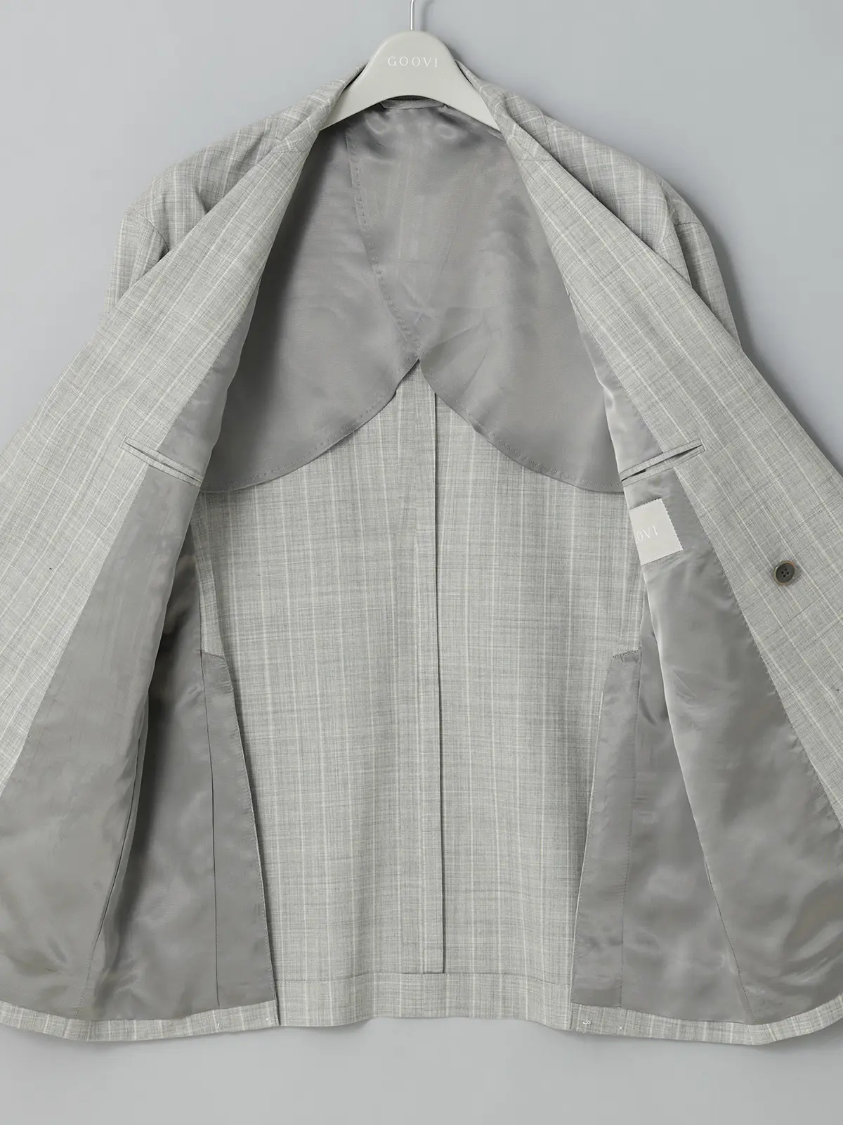 GOOVI／ダブルブレストジャケット／SUPER100'sウールトロピカル／ワイドストライプ ライトグレー 0