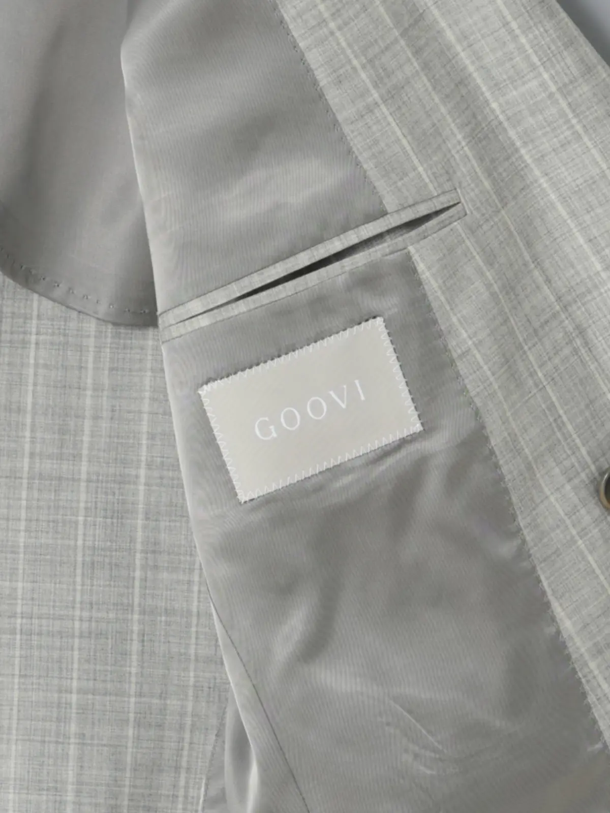 GOOVI／ダブルブレストジャケット／SUPER100'sウールトロピカル／ワイドストライプ ライトグレー 0