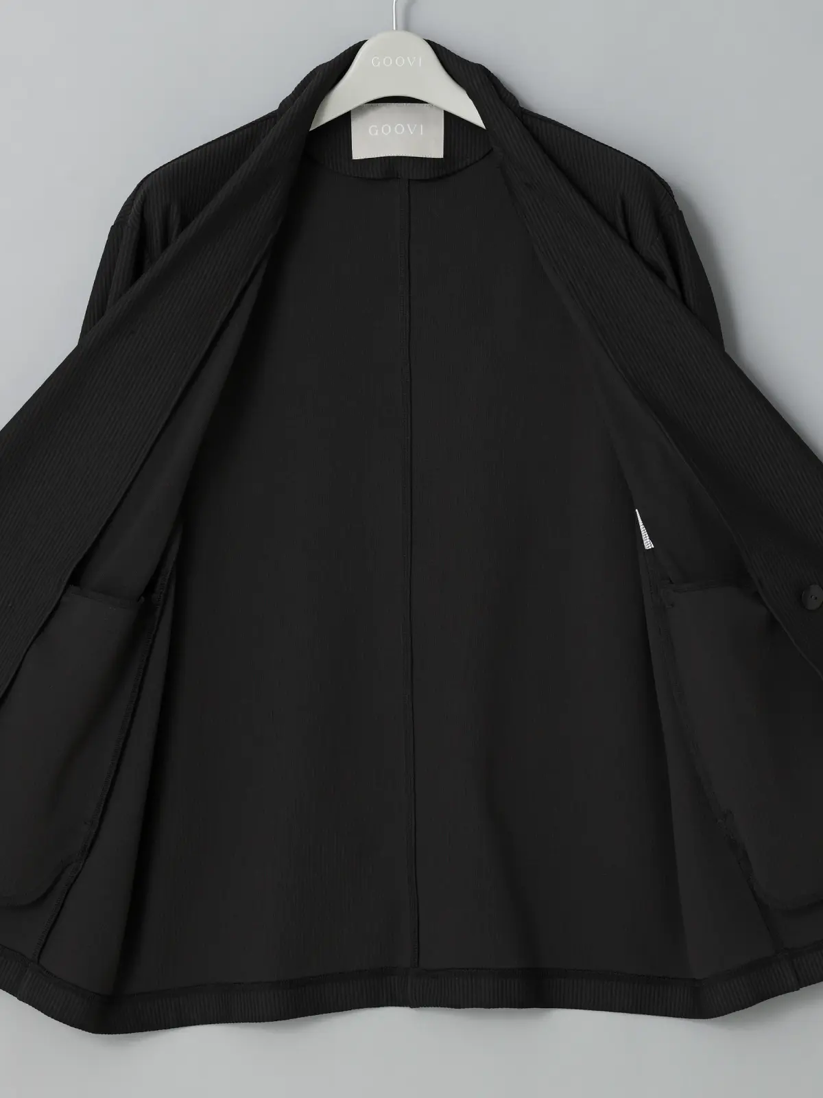 GOOVI／ダブルショールカラージャケット／ウォッシャブル／ストレッチ／トリコットシアサッカー ブラック 0