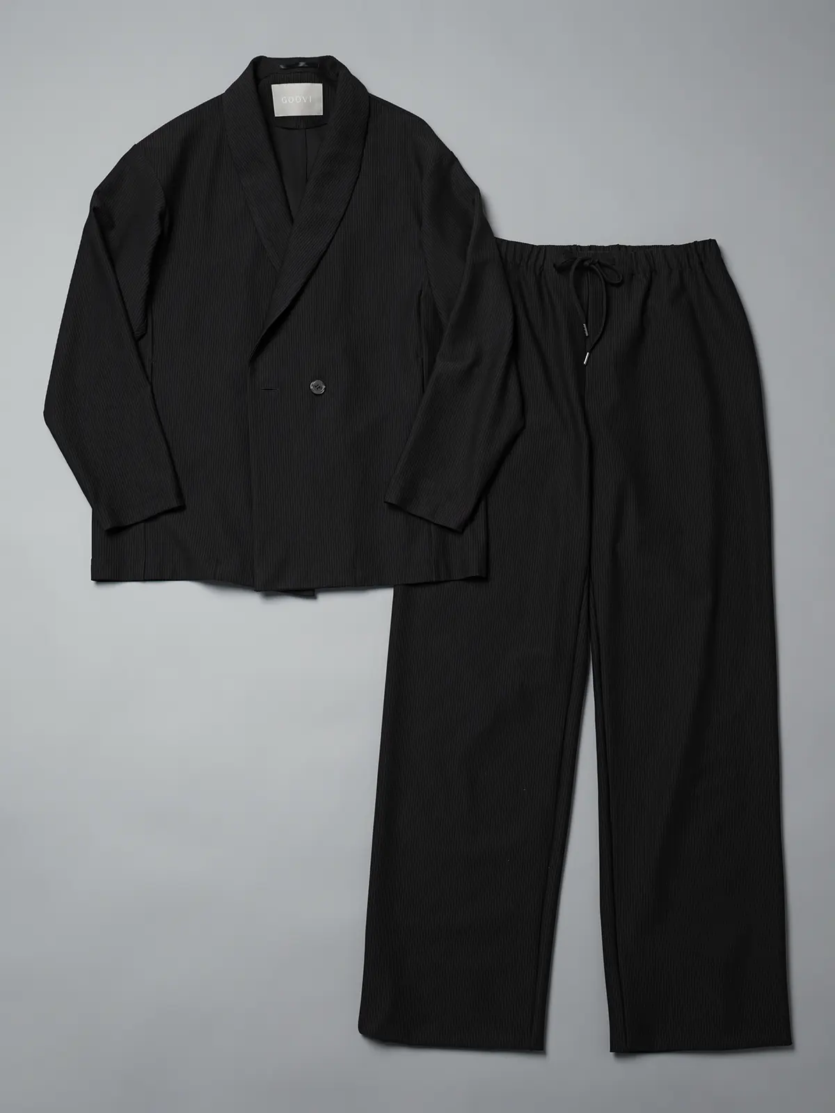 GOOVI／ダブルショールカラージャケット／ウォッシャブル／ストレッチ／トリコットシアサッカー ブラック 0