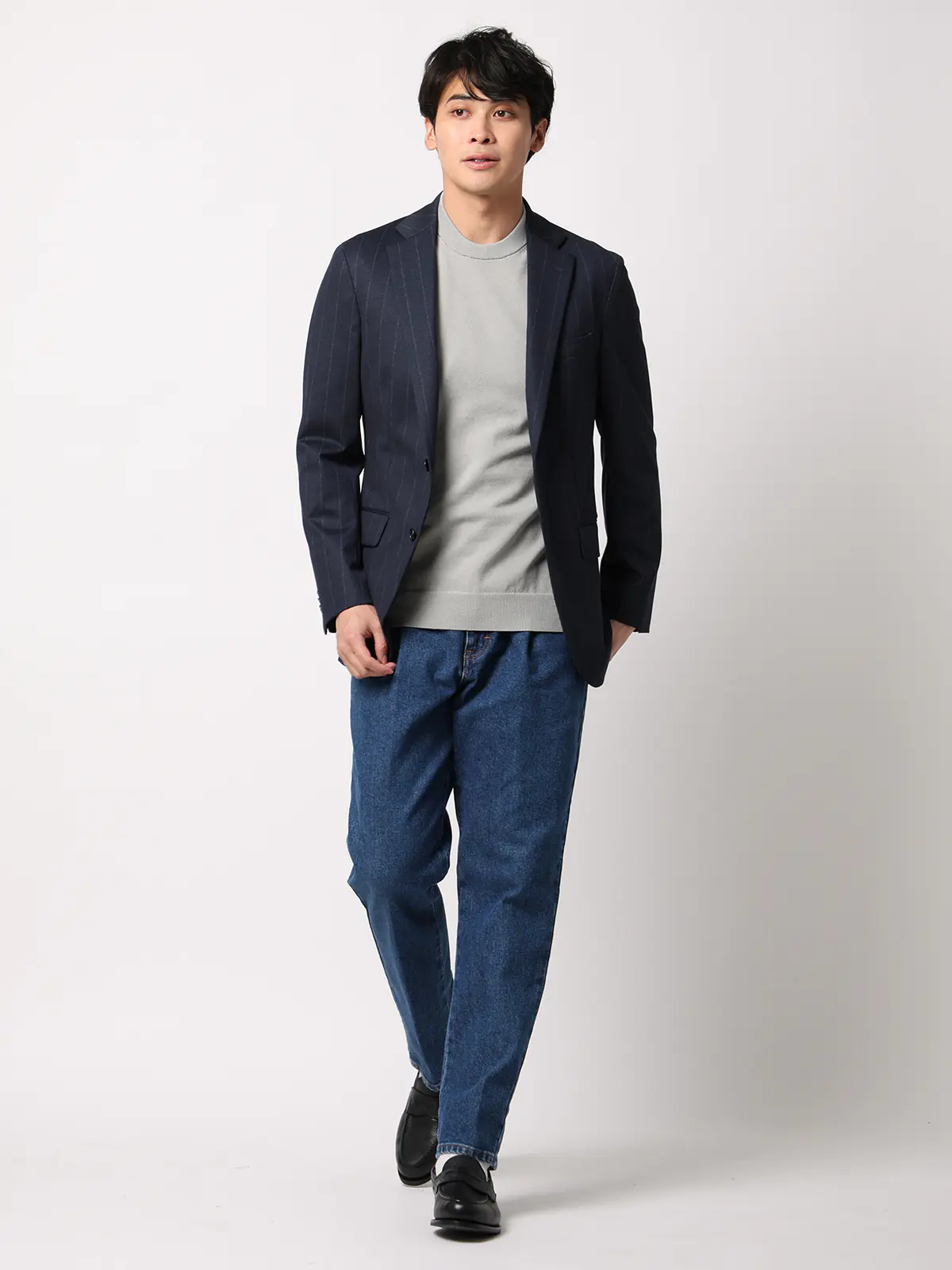 SMACTIVE/ジャケット/ウォッシャブル/ストレッチ/TRジャージー/ストライプ/SL02 ネイビー SS