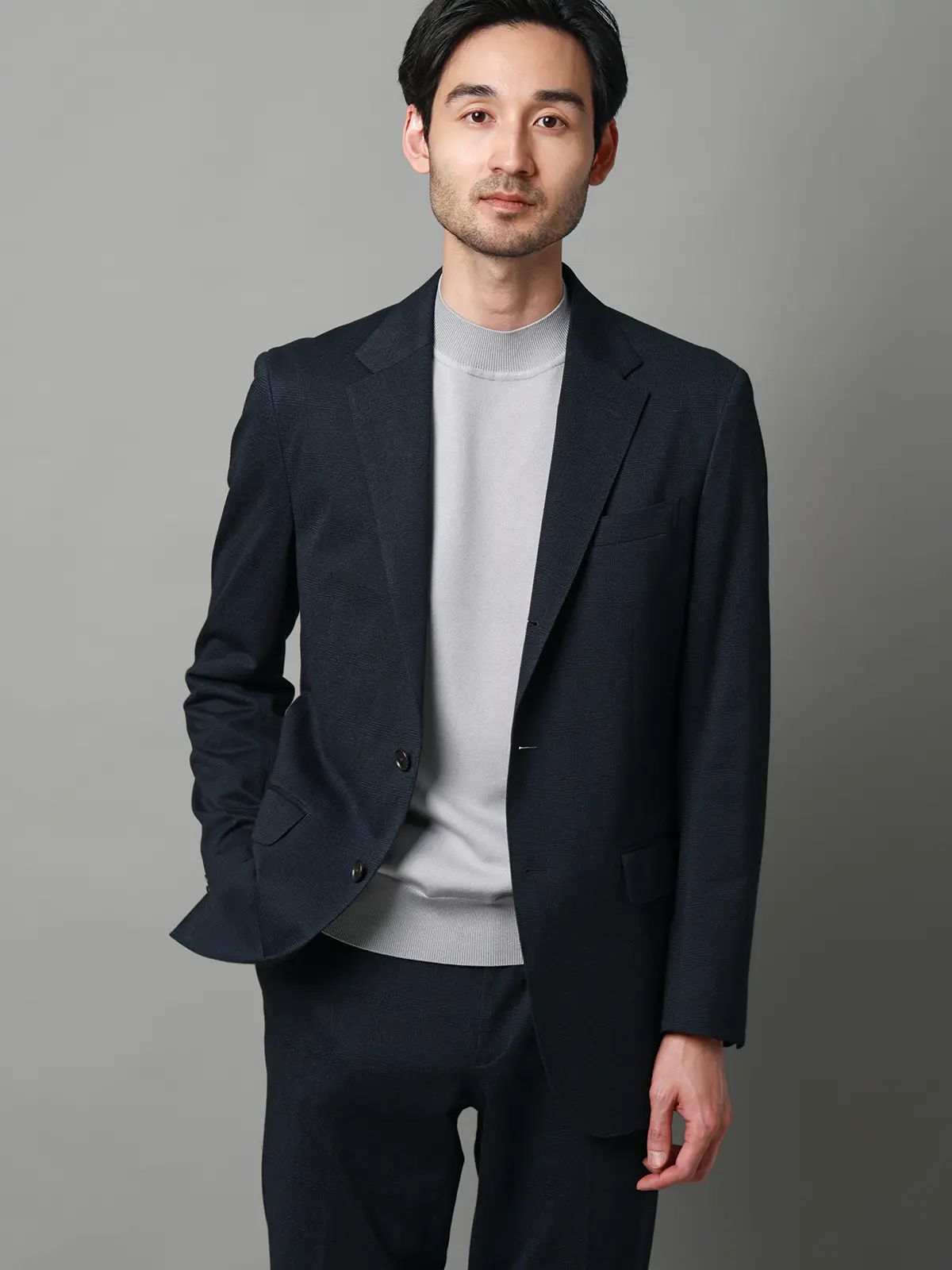 ジャケット／ストレッチ／ハイツイストジャージー／グレンチェック／CR03 ネイビー S