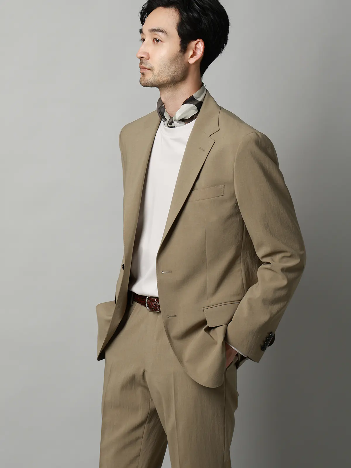 ジャケット／ウォッシャブル／ストレッチ／接触冷感／リネンライクポリエステル／無地／CR03 ベージュ S