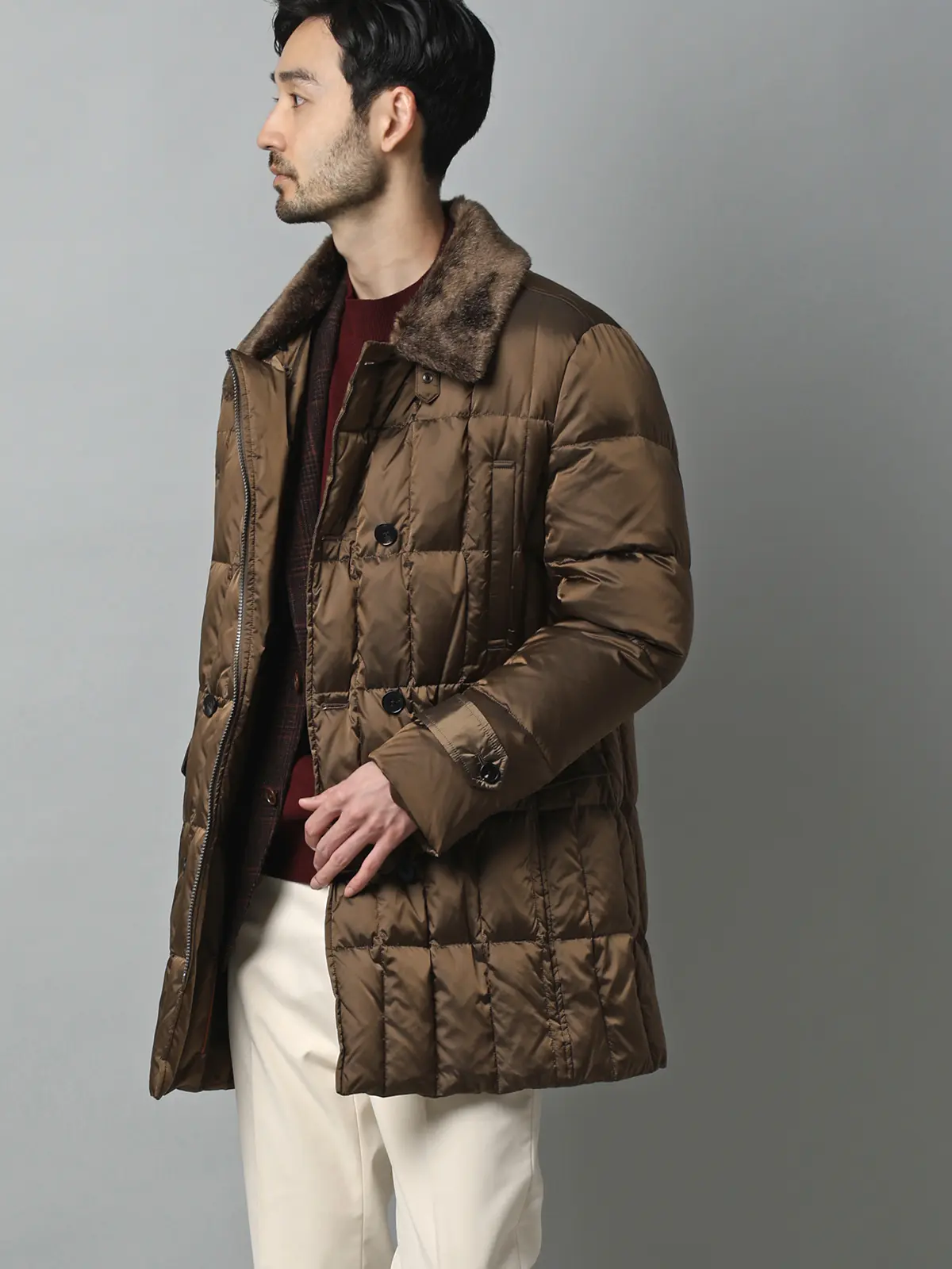 テーラードダウンコート/LIMONTA EAST/シャンブレーナイロン/無地/フェイクファー付き ブラウン S