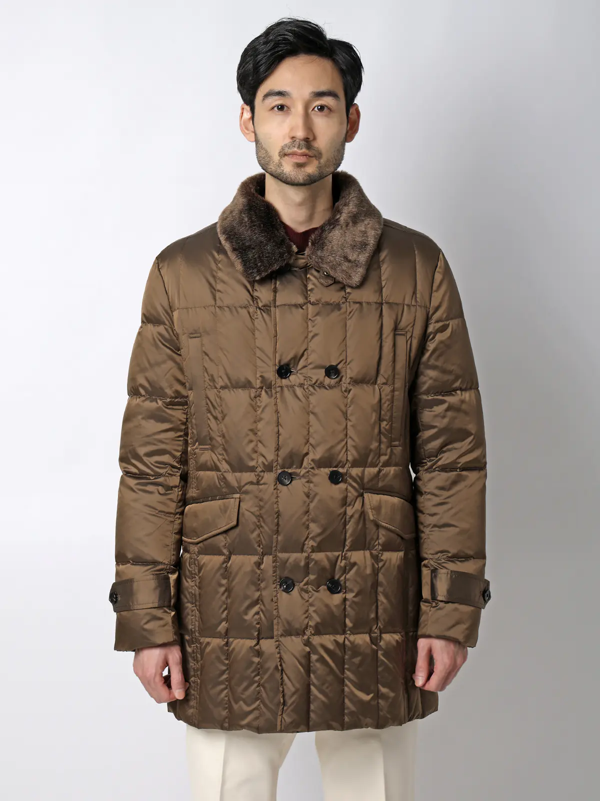 テーラードダウンコート/LIMONTA EAST/シャンブレーナイロン/無地/フェイクファー付き ブラウン S