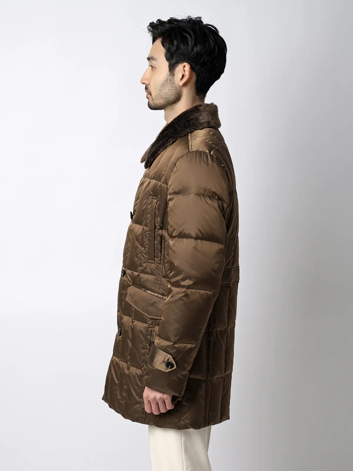 テーラードダウンコート/LIMONTA EAST/シャンブレーナイロン/無地/フェイクファー付き ブラウン S