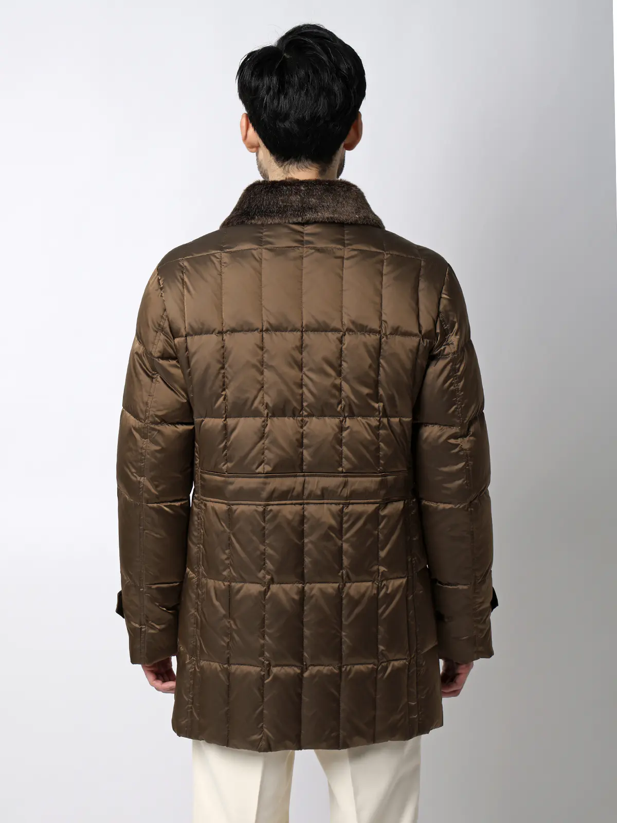 テーラードダウンコート/LIMONTA EAST/シャンブレーナイロン/無地/フェイクファー付き ブラウン S