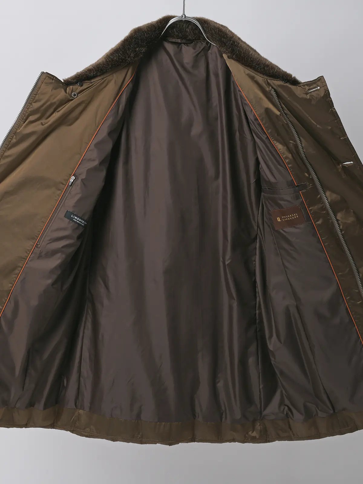 テーラードダウンコート/LIMONTA EAST/シャンブレーナイロン/無地/フェイクファー付き ブラウン S