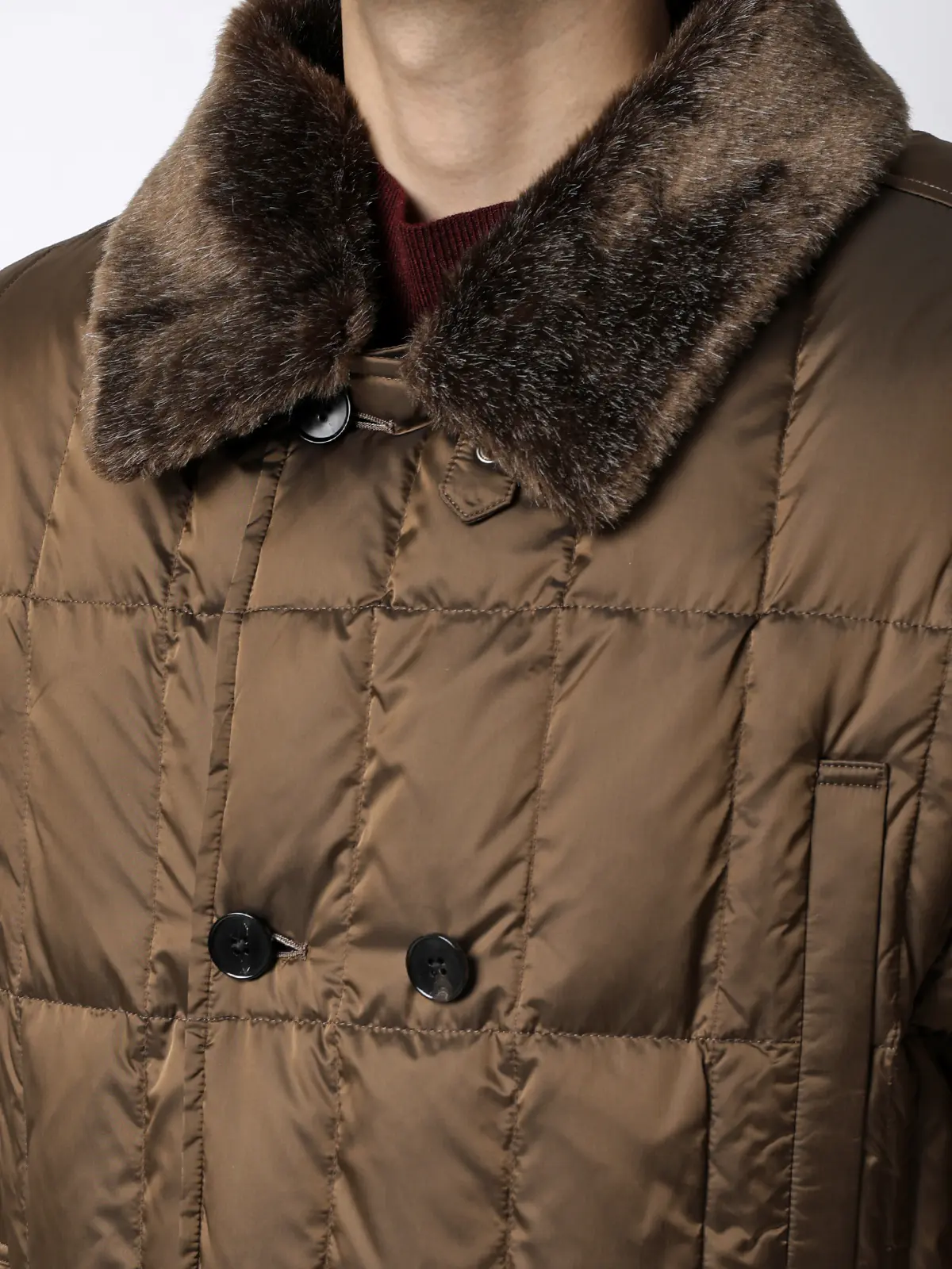 テーラードダウンコート/LIMONTA EAST/シャンブレーナイロン/無地/フェイクファー付き ブラウン S