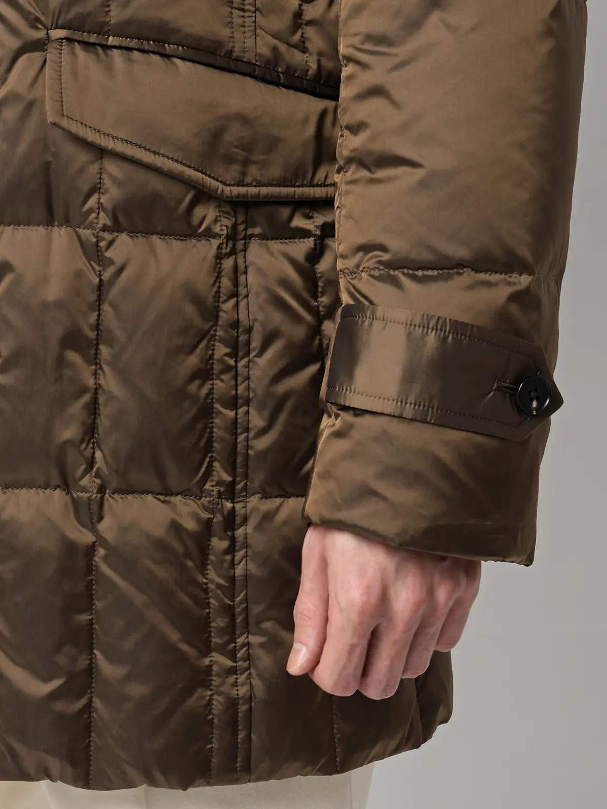 テーラードダウンコート/LIMONTA EAST/シャンブレーナイロン/無地/フェイクファー付き ブラウン S