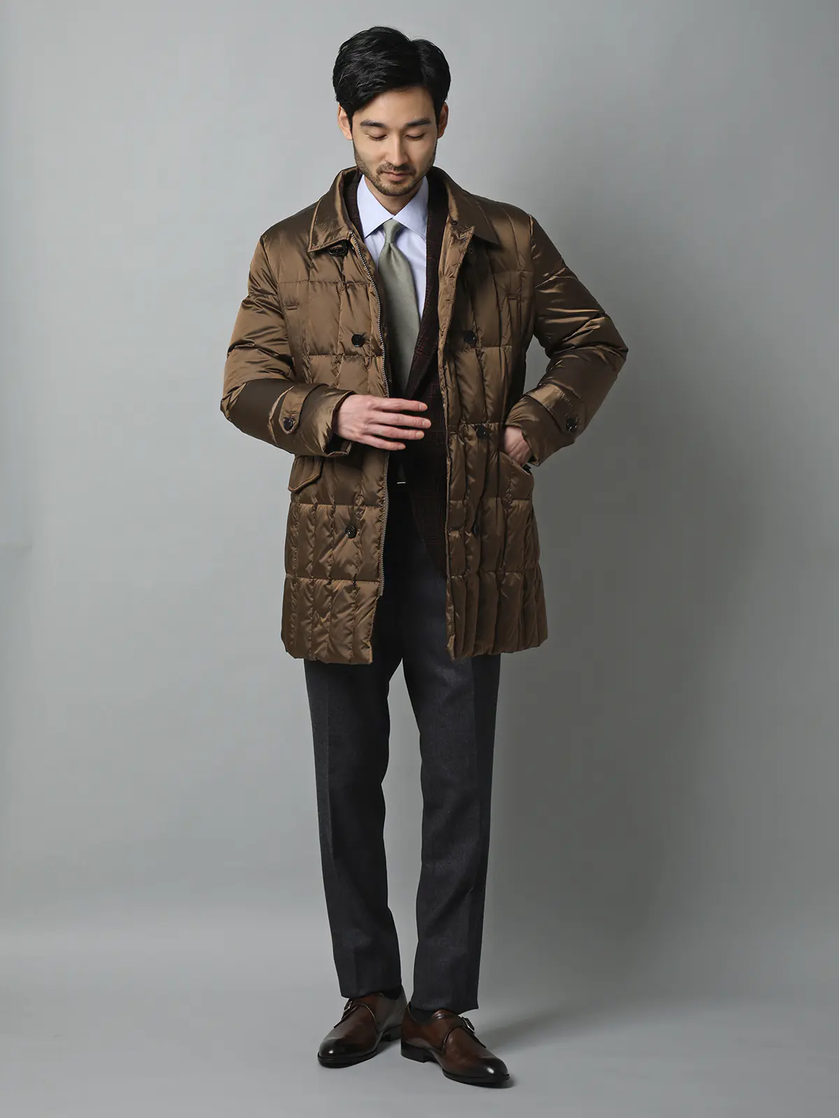 テーラードダウンコート/LIMONTA EAST/シャンブレーナイロン/無地/フェイクファー付き ブラウン S